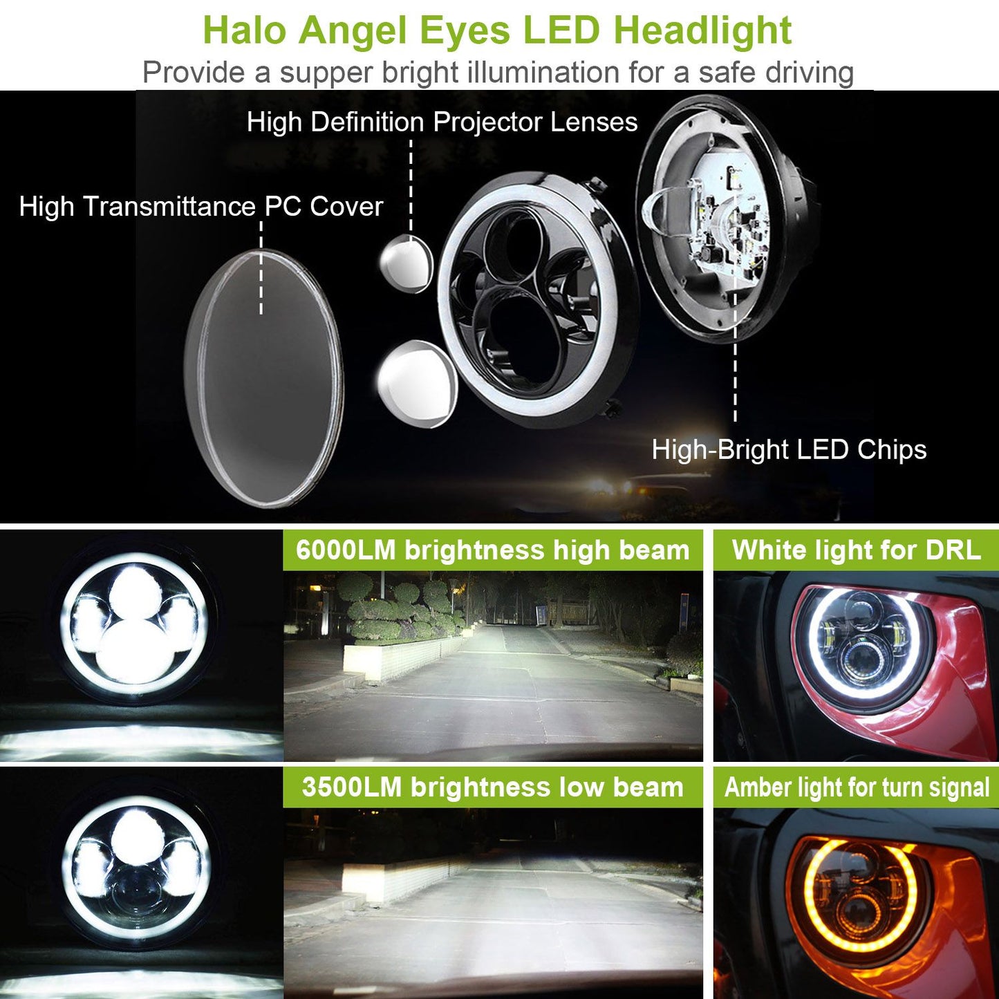 Halo Angel Eyes LED Headlight with high-definition projector lenses, showcasing 6000LM high beam and 3500LM low beam brightness for enhanced visibility while driving, featuring white DRL and amber turn signal lights.