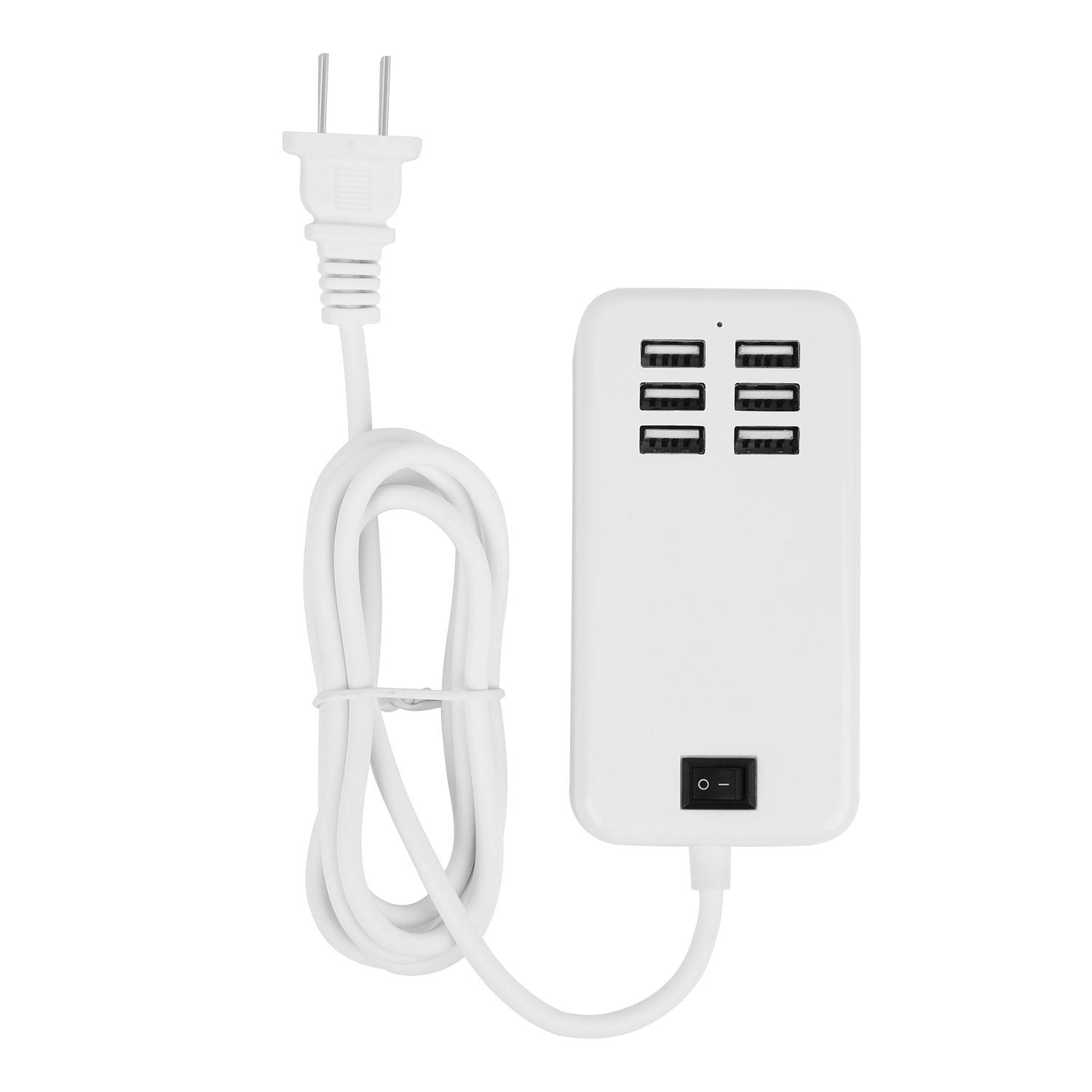 White power strip with six USB ports and a power switch, featuring a long power cord, ideal for charging multiple devices simultaneously.