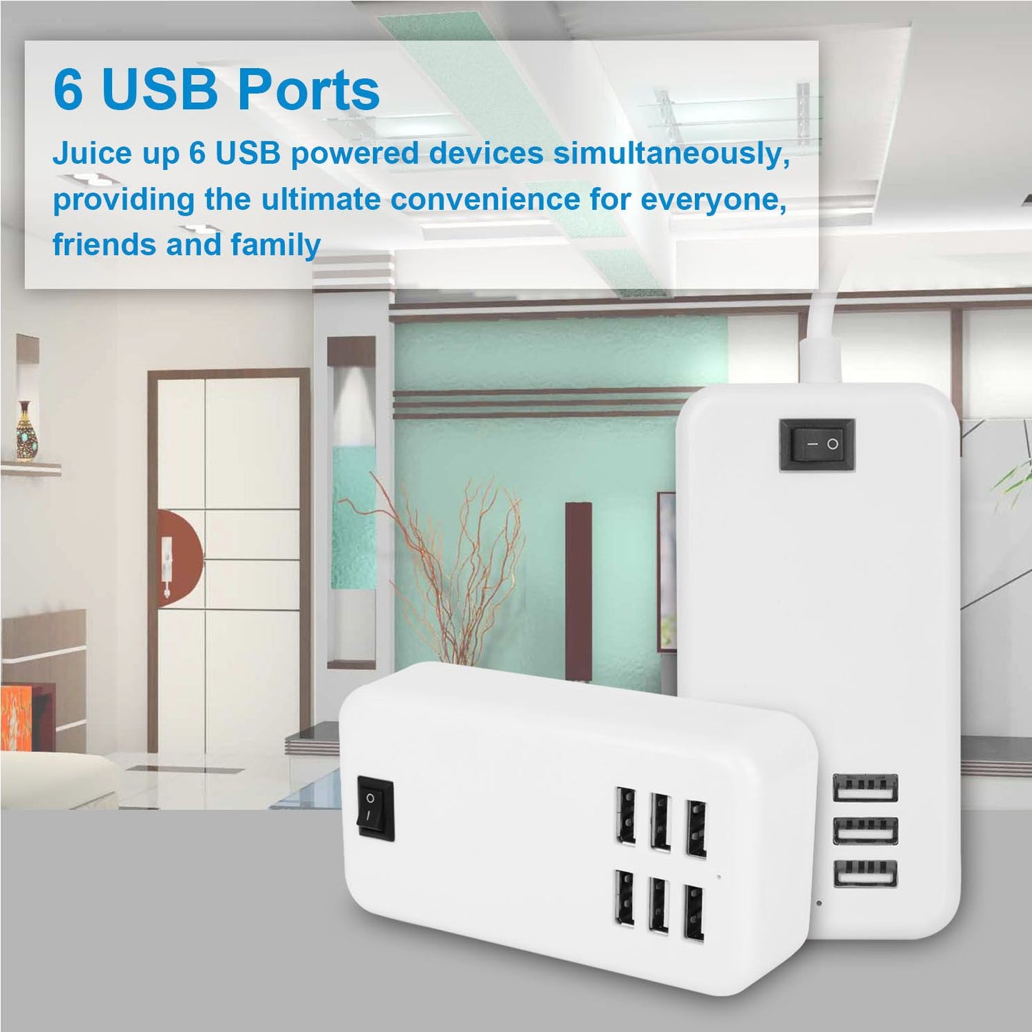 USB charging station with 6 ports, designed for simultaneous charging of multiple devices, set against a modern living room backdrop.