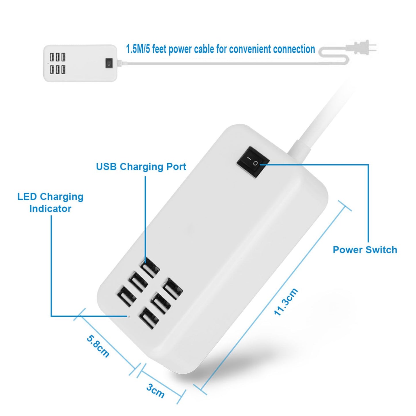 USB charging hub with five ports, power switch, LED indicator, and 1.5-foot power cable for convenient use.
