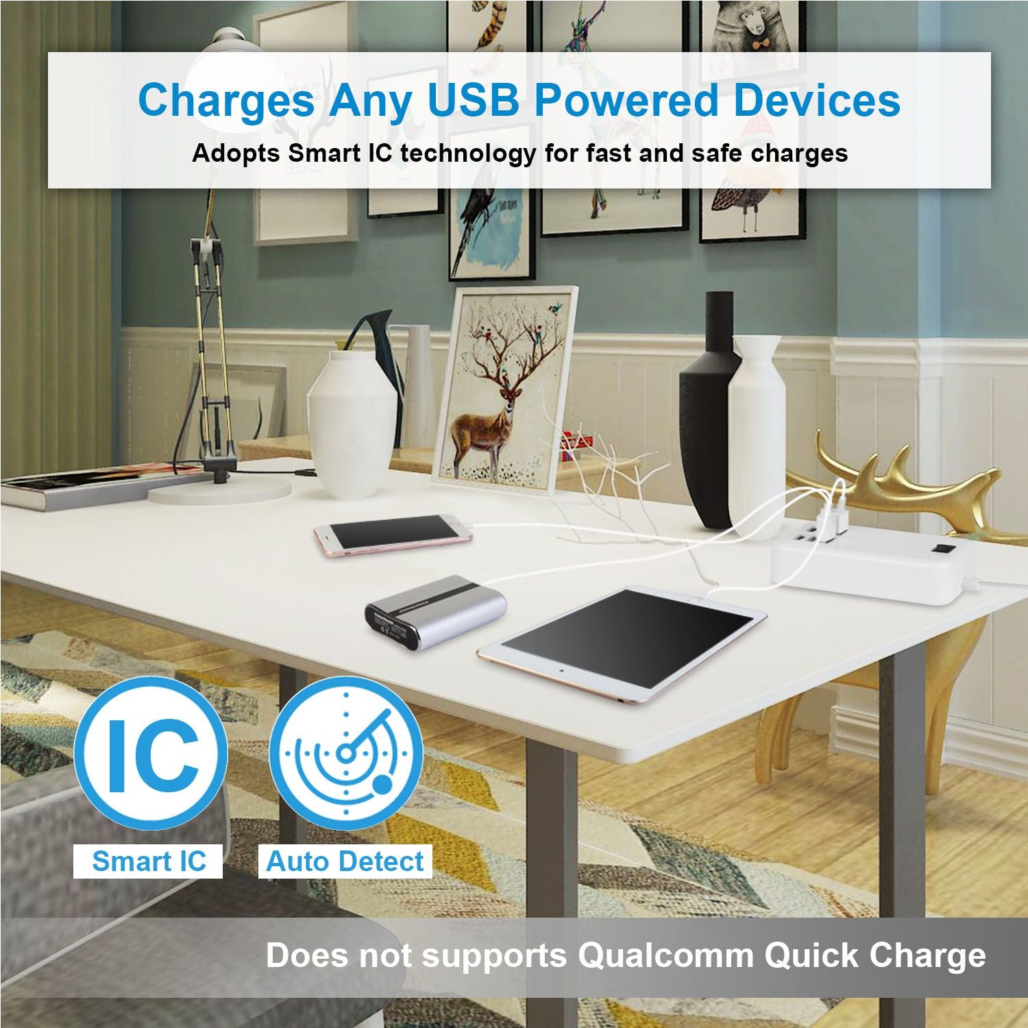 USB power charger on a modern tabletop with a smartphone, tablet, and power bank, highlighting fast charging with Smart IC technology and indicating it does not support Qualcomm Quick Charge.