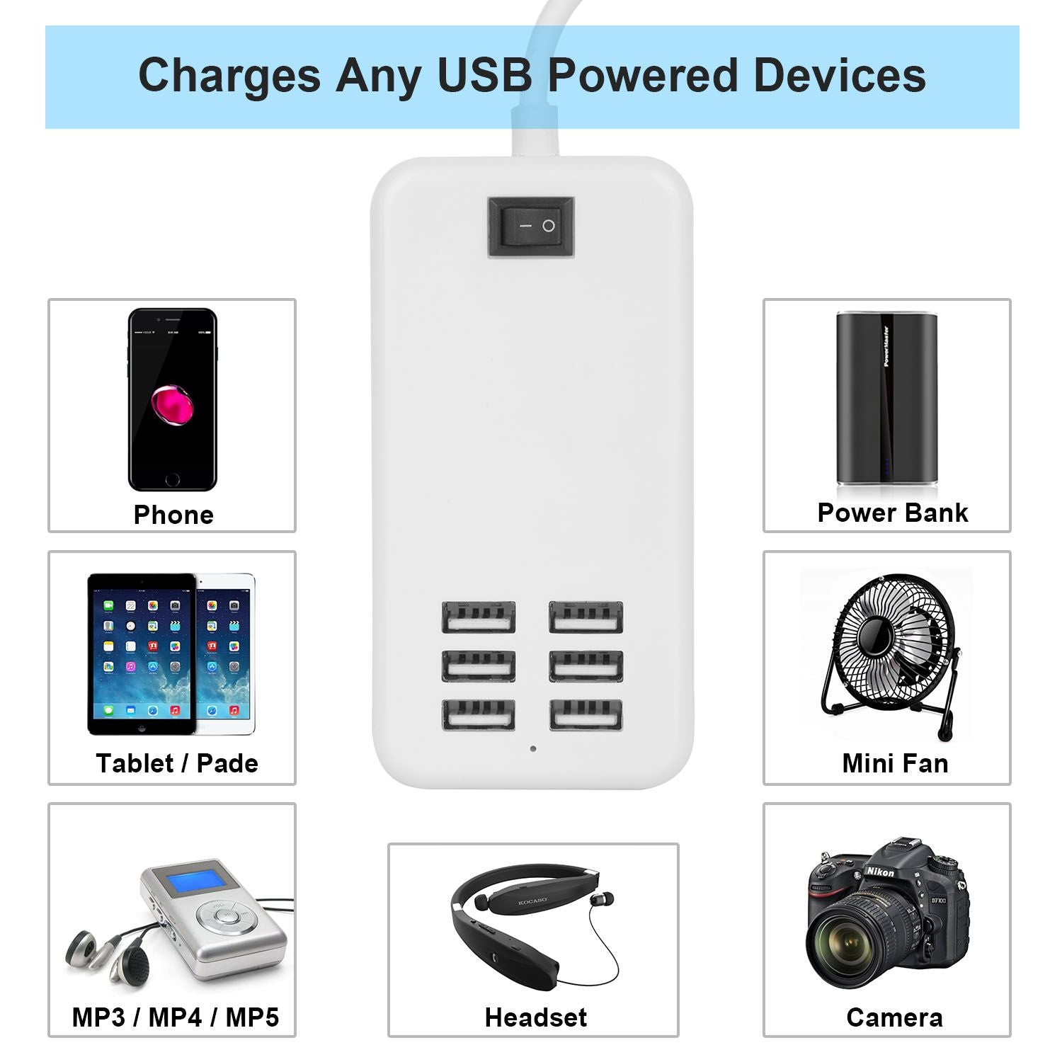 USB charging hub for multiple devices, featuring six USB ports, along with icons for compatibility with phones, tablets, power banks, mini fans, headsets, and cameras.