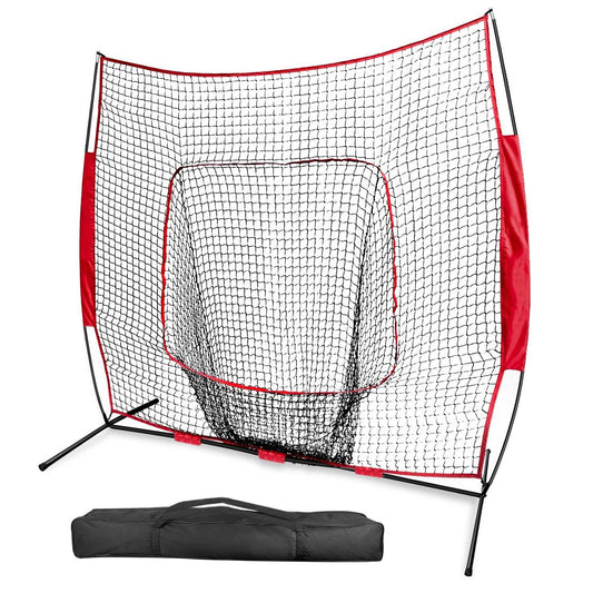 Portable sports training net with black mesh and red accents, designed for baseball and softball practice, positioned with carrying bag in front.