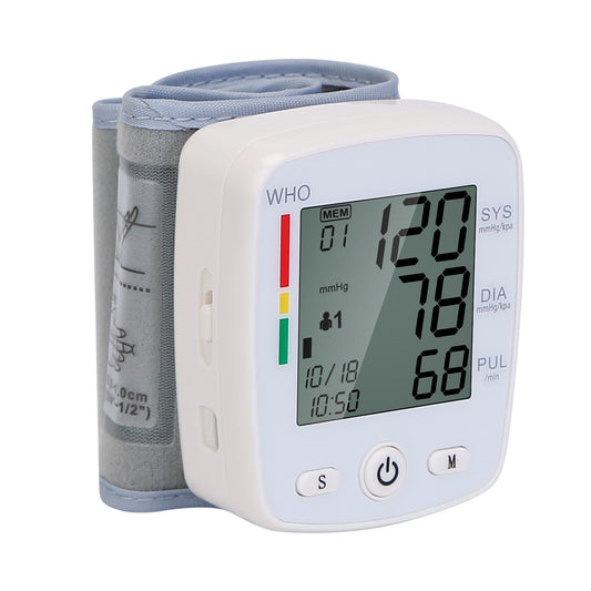 Digital automatic blood pressure monitor displaying systolic pressure of 120 mmHg, diastolic pressure of 78 mmHg, and pulse rate of 68 bpm, with date and time settings visible.