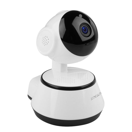 Smart home security camera with a spherical black top and white body, featuring a lens on the front and speaker grills on the sides.