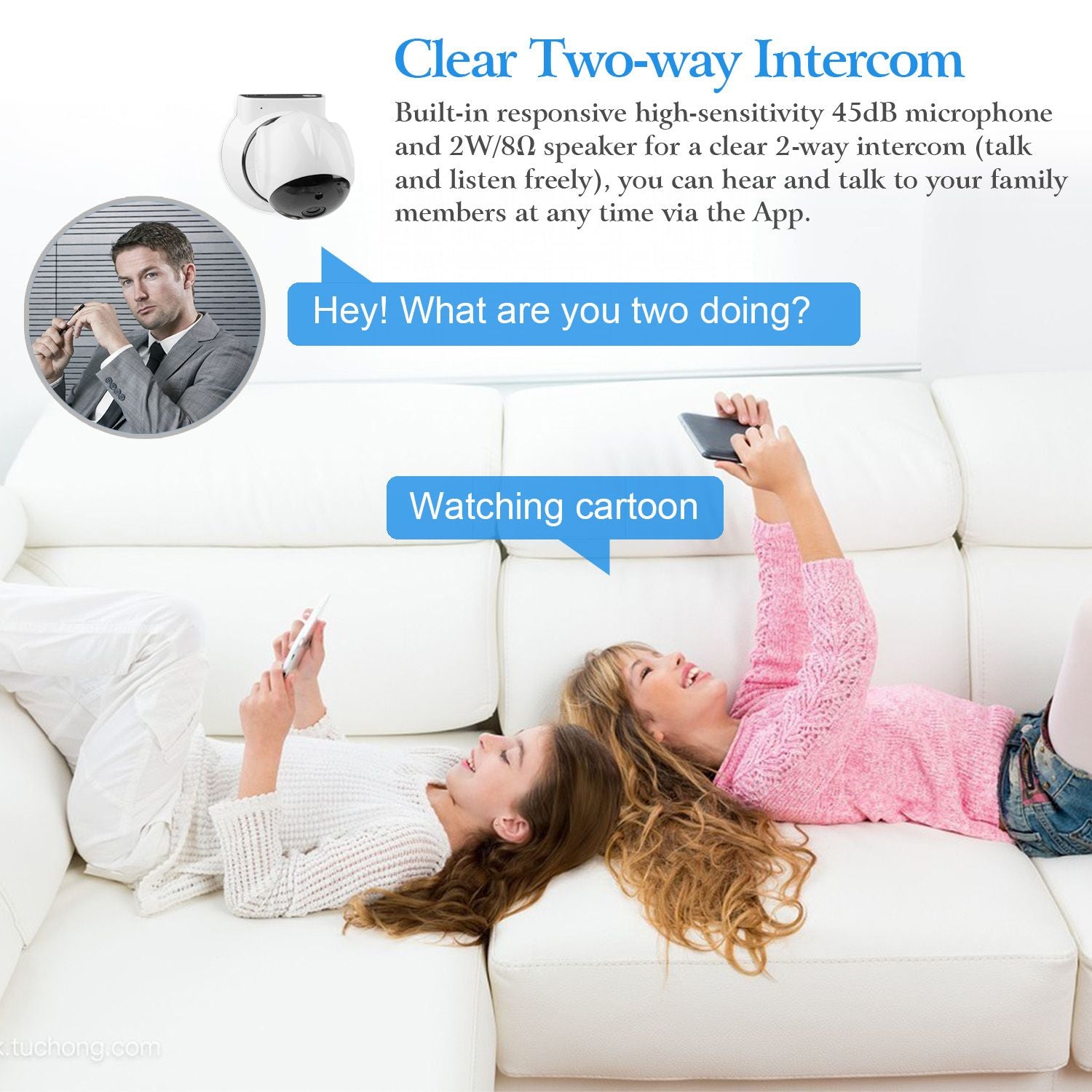 Two children relaxing on a white couch, using their smartphones to watch a cartoon, while a man communicates with them via a two-way intercom.