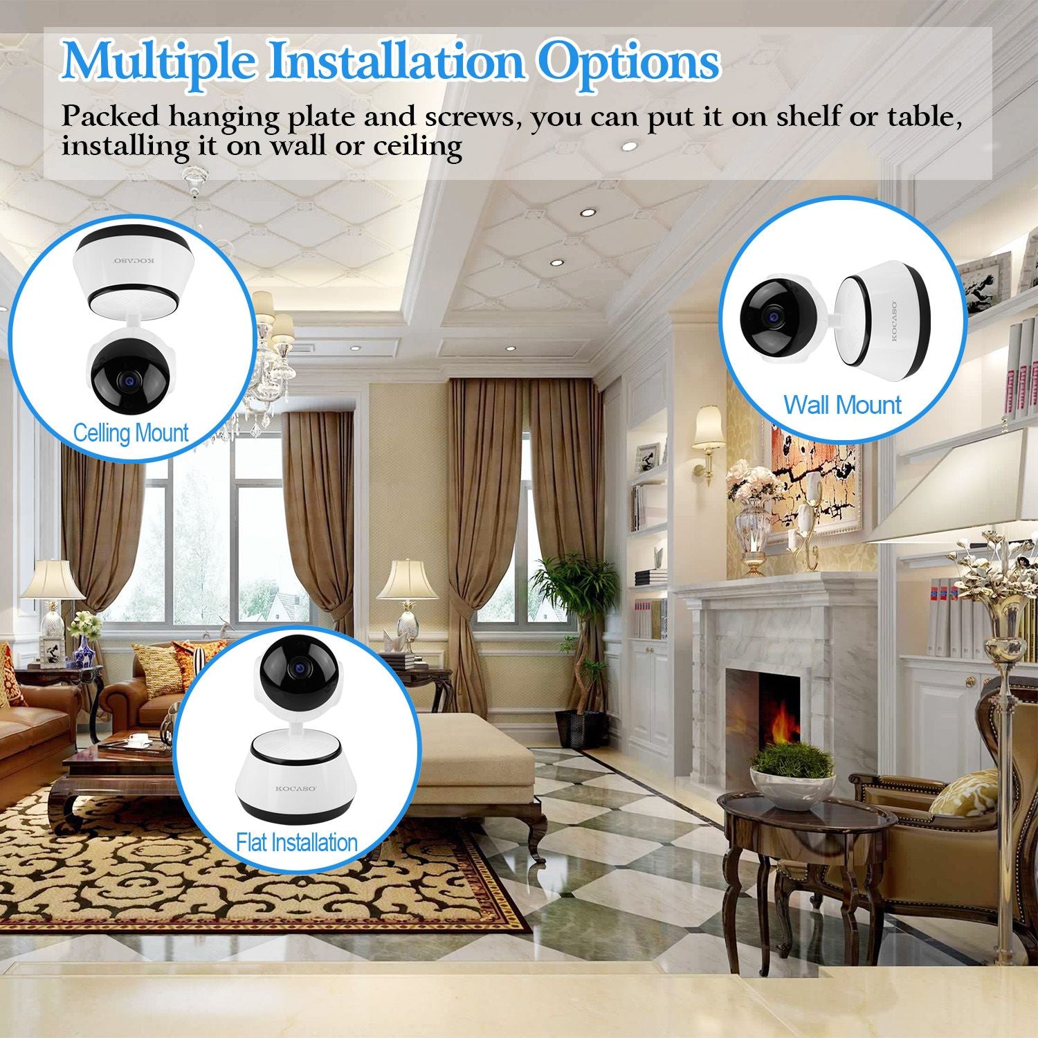 Image of a living room showcasing a security camera with multiple installation options including ceiling mount, wall mount, and flat installation, emphasizing versatility in camera placement.