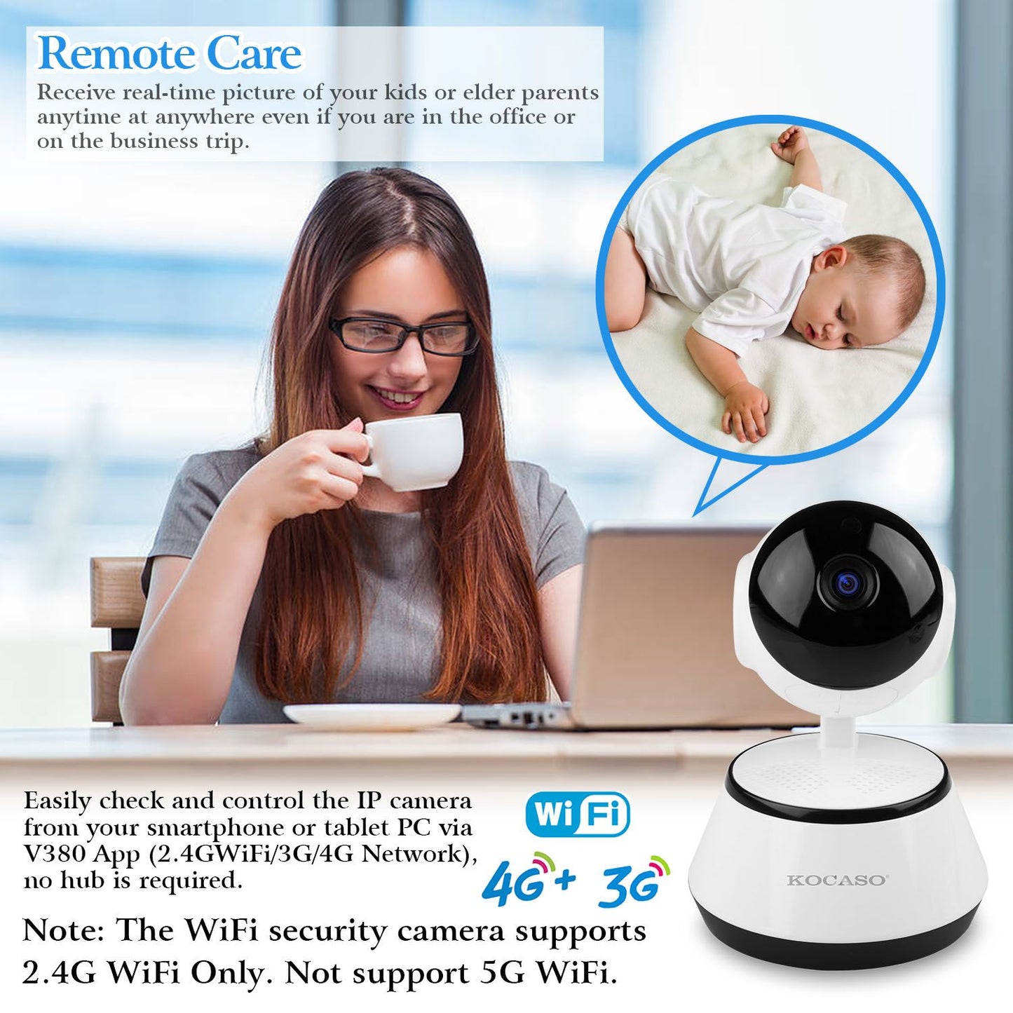 Woman using a tablet while enjoying a cup of coffee, with a KOCASO WiFi security camera in the foreground, showcasing remote monitoring of a sleeping baby.