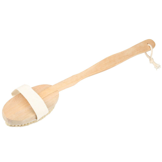 Natural wooden body brush with soft bristles and a cotton grip strap for exfoliating and soothing skin during bathing or spa treatments.