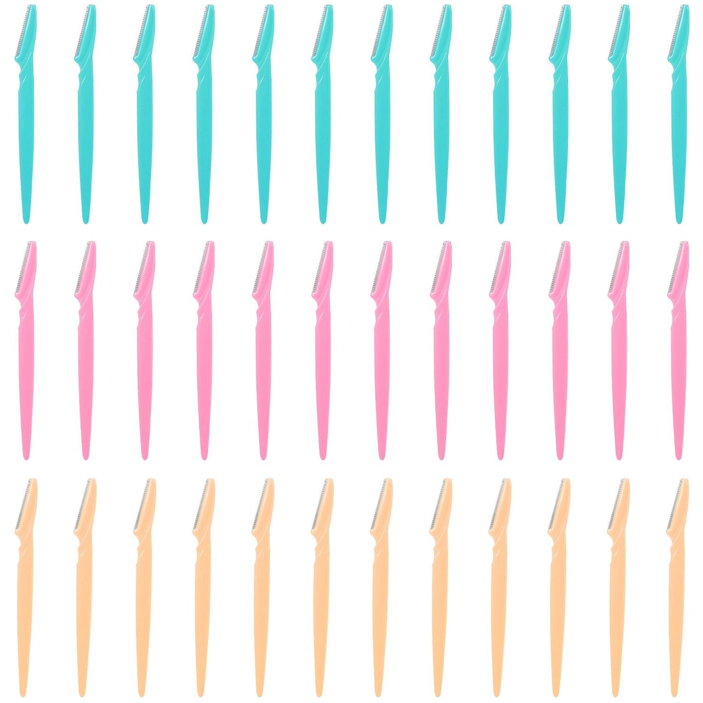 Set of colorful facial razors in blue, pink, and peach, arranged neatly in rows, ideal for eyebrow shaping and facial hair grooming.