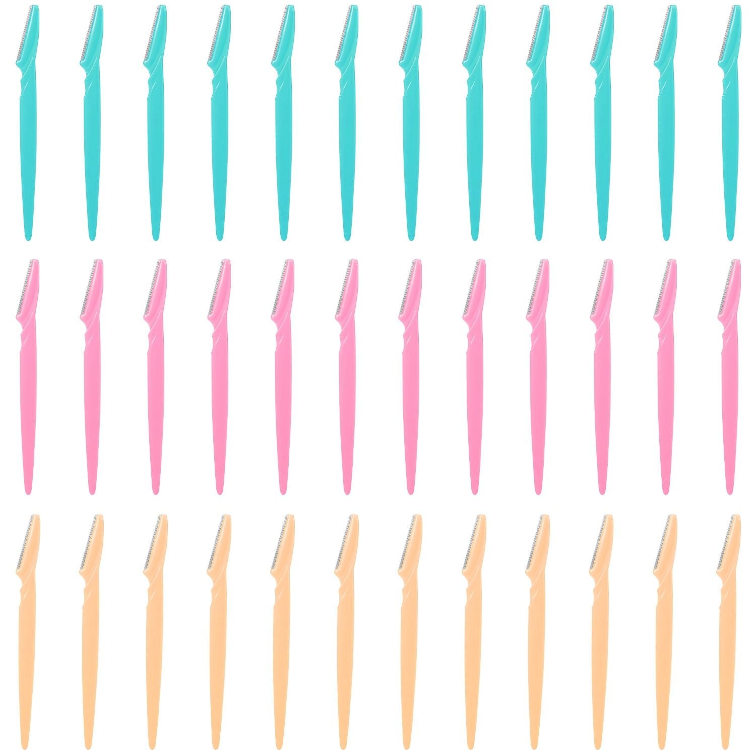 Set of colorful facial razors in blue, pink, and peach, arranged neatly in rows, ideal for eyebrow shaping and facial hair grooming.