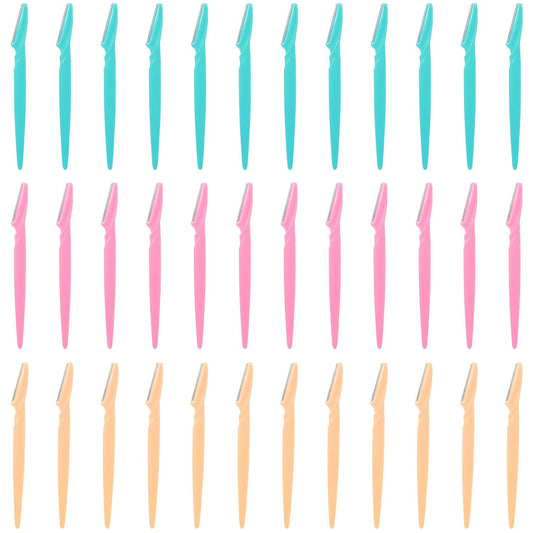 Set of colorful facial razors in blue, pink, and peach, arranged neatly in rows, ideal for eyebrow shaping and facial hair grooming.