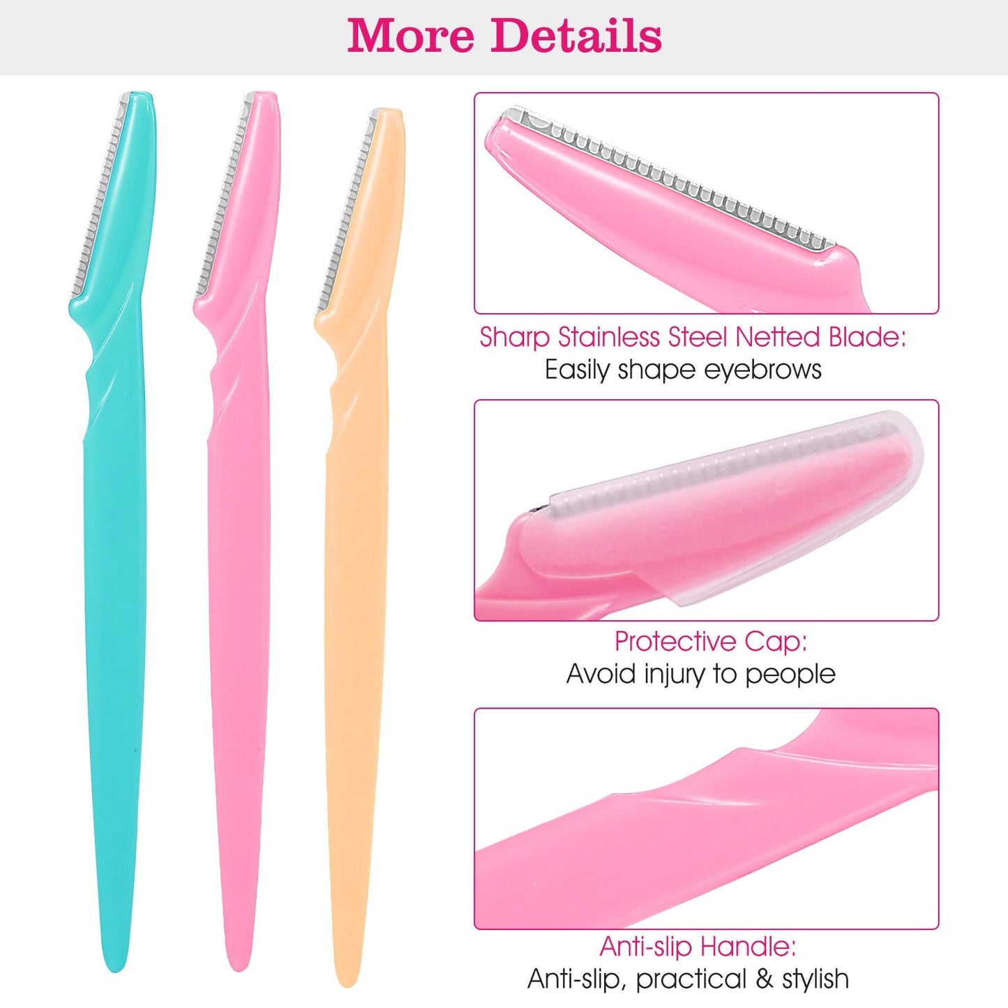 Set of three eyebrow razors in turquoise, pink, and orange with sharp stainless steel blades, protective caps, and anti-slip handles for safe and precise grooming.