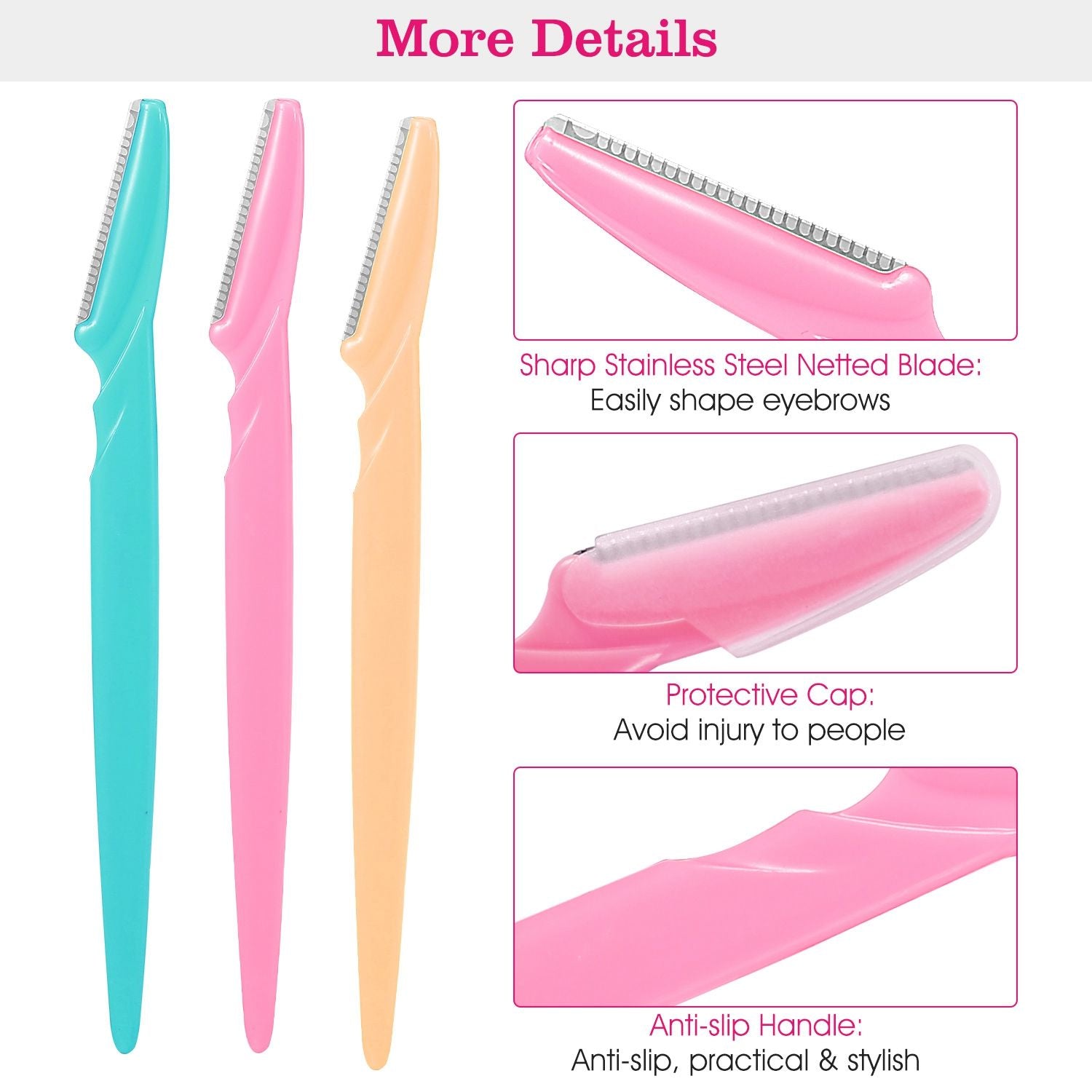 Set of three eyebrow razors in turquoise, pink, and orange with sharp stainless steel blades, protective caps, and anti-slip handles for safe and precise grooming.