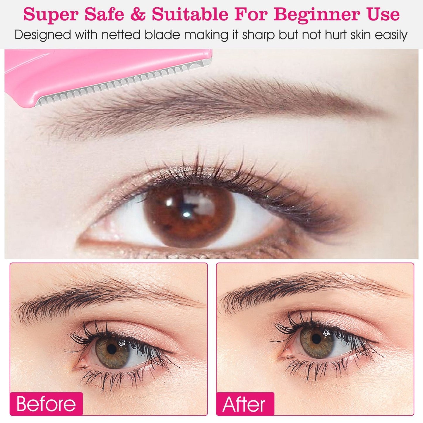 Close-up of a pink eyebrow razor designed for safe and easy use, showcasing the precision netted blade ideal for beginners, with an emphasis on smooth skin after trimming.