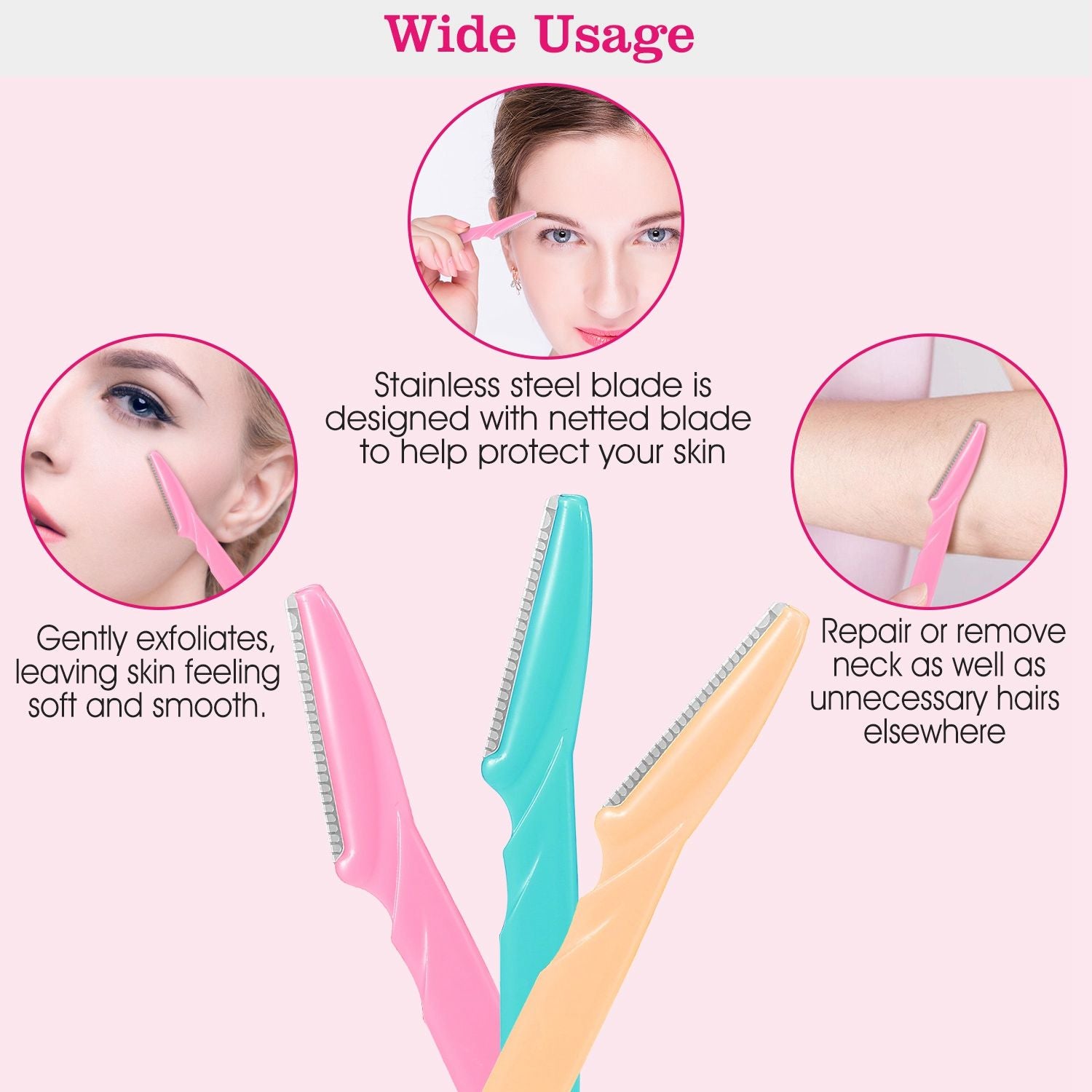 Three colorful facial razors with stainless steel blades designed for gentle exfoliation and hair removal, promoting smooth skin and versatile usage on various body parts.
