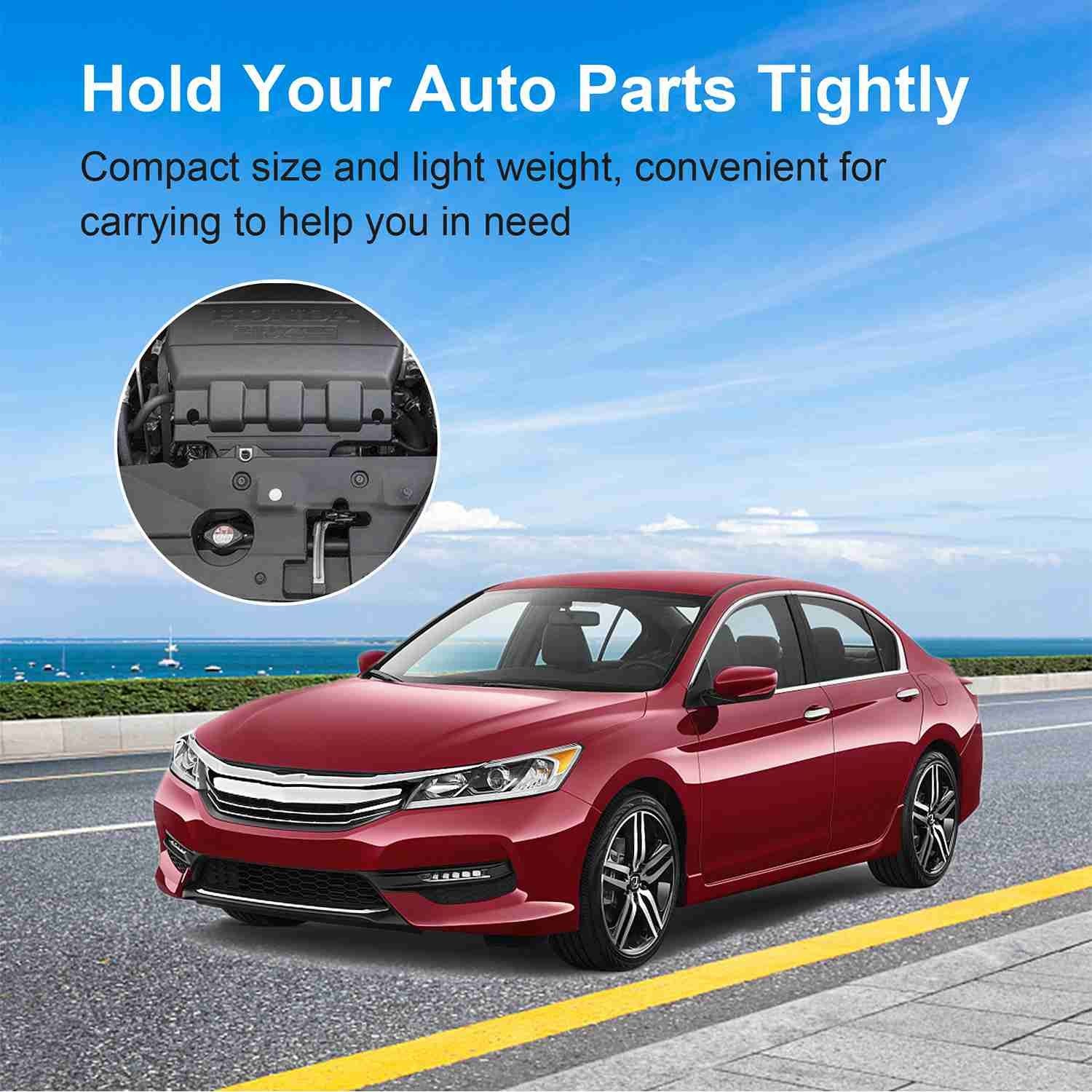 Red sedan parked by the seaside, showcasing a product for securely holding auto parts, including an inset image of vehicle engine components, with a focus on compact and lightweight design for easy transport.