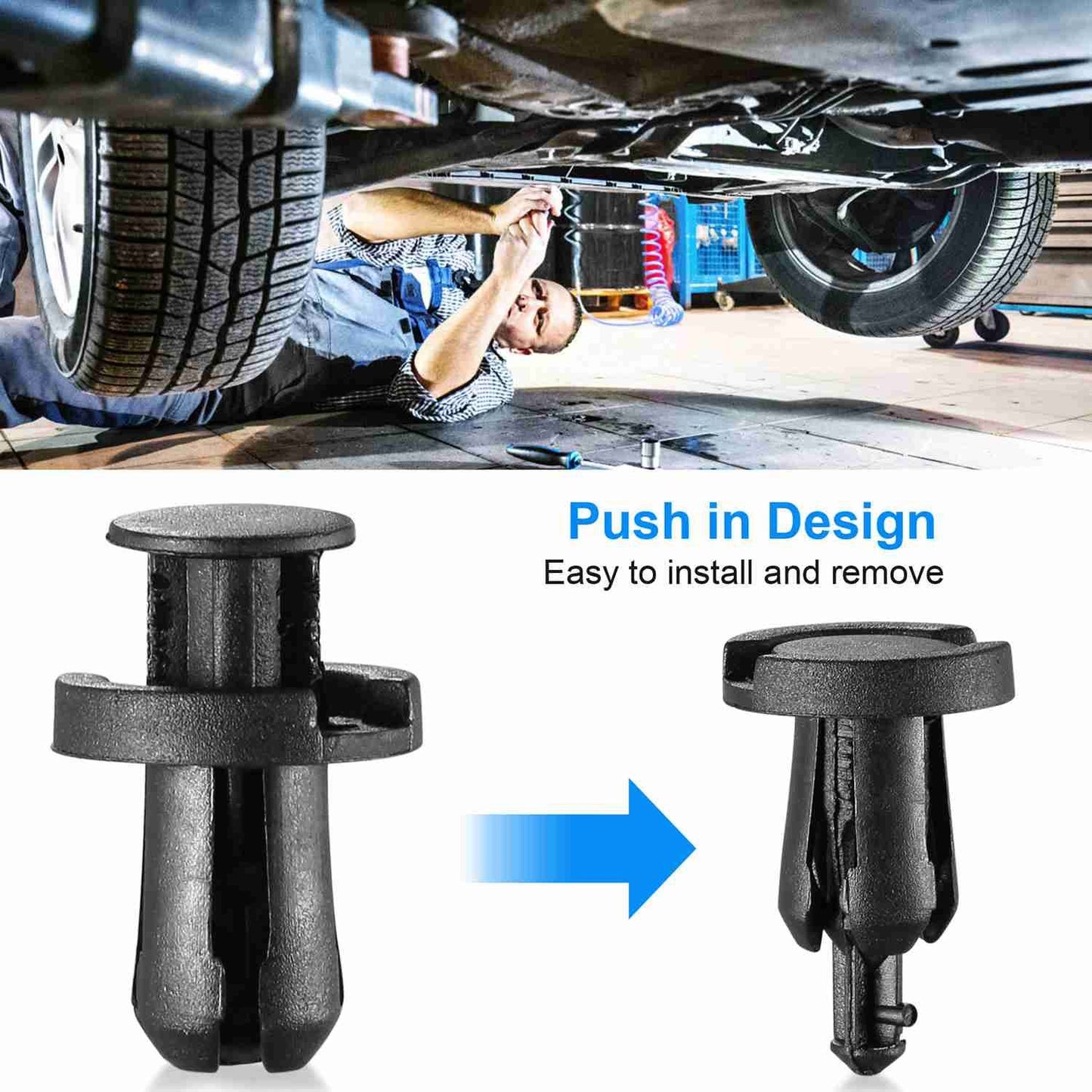 Car repair technician using push-in design automotive fasteners for easy installation and removal, featuring a close-up of a durable black plastic clip.