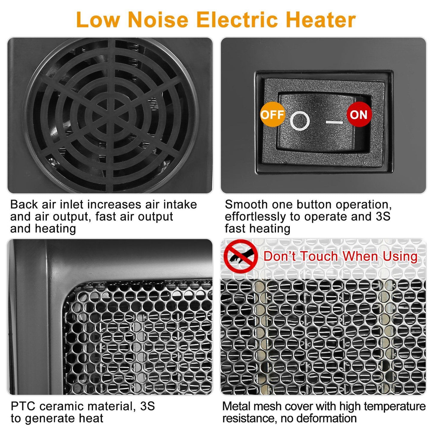 Close-up view of a low noise electric heater showing features like the back air inlet for increased airflow, a simple one-button operation for quick heating, and safety warnings regarding high temperature resistance of the metal mesh cover.