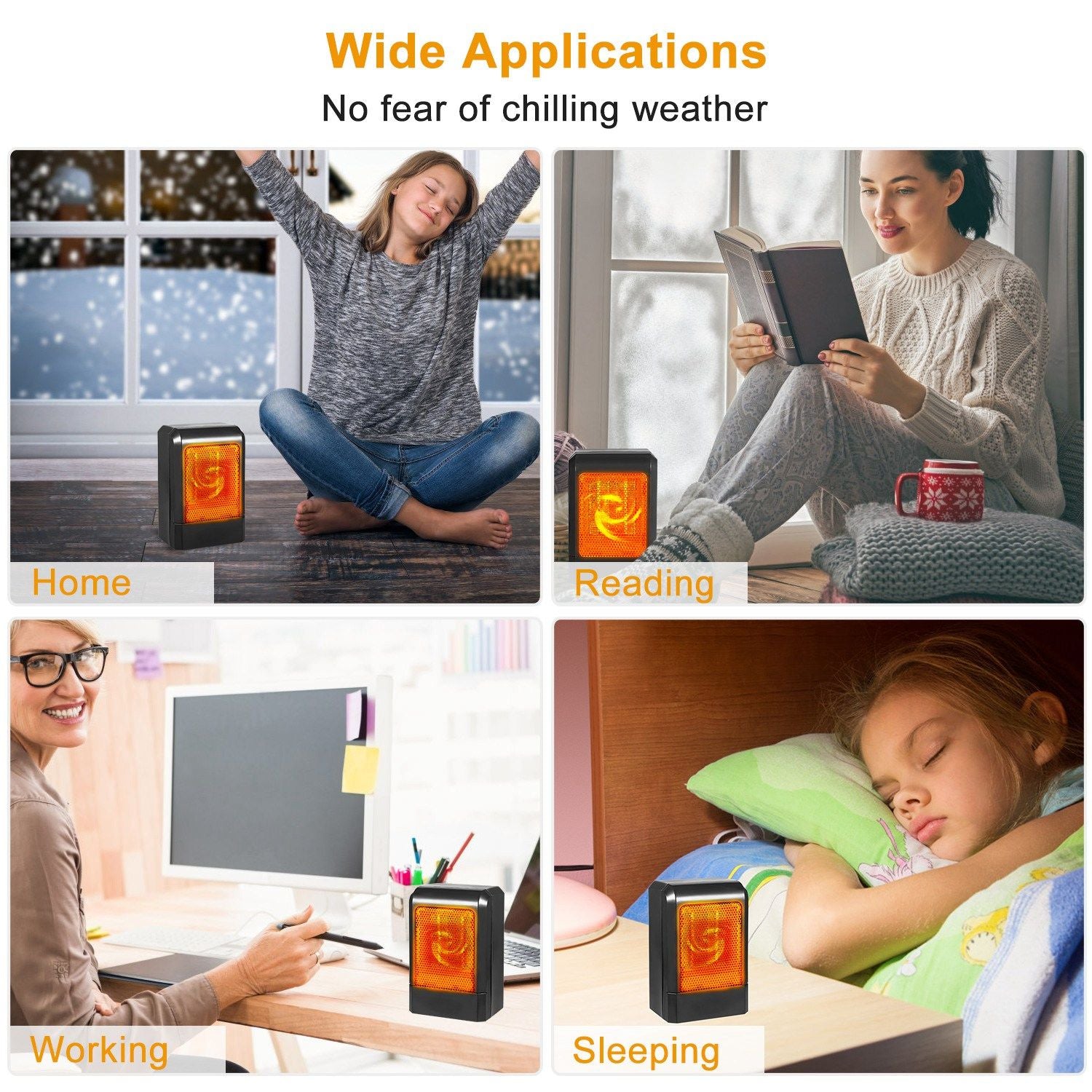 Portable space heater designed for home use, providing warmth during reading, working, and sleeping in cold weather.