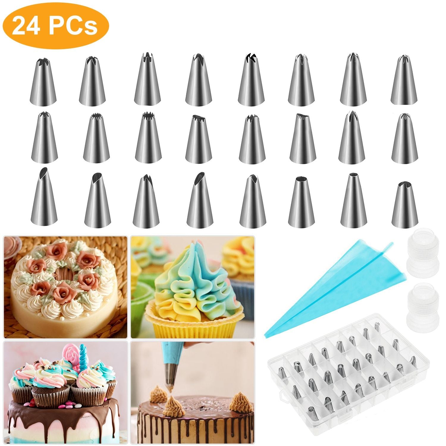 24-piece stainless steel piping tips set for cake decorating, featuring various designs for flowers, swirls, and details, with matching piping bags and containers, showcased alongside beautifully decorated cakes and cupcakes.