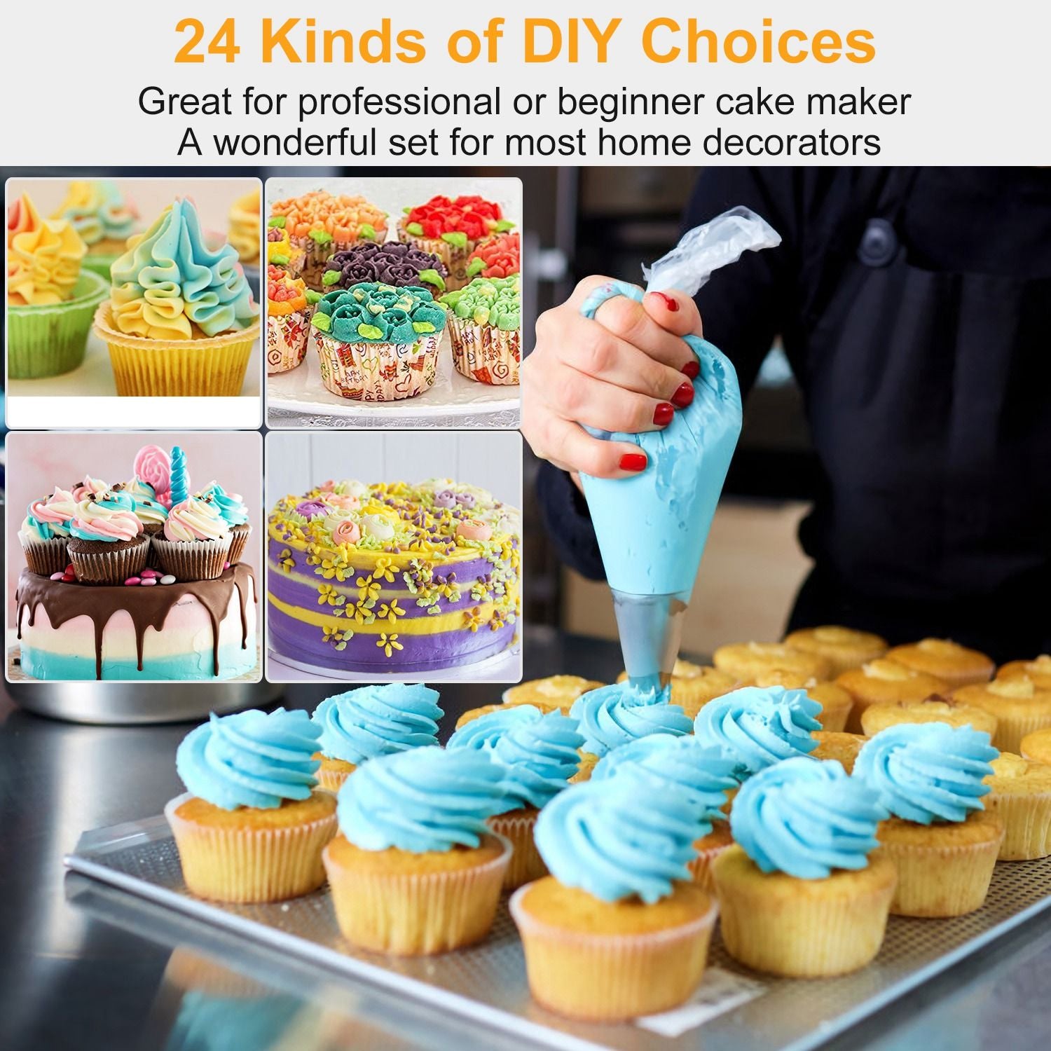 Colorful decorative cupcakes and cakes showcasing a variety of icing techniques, featuring a person piping blue frosting onto cupcakes, ideal for home bakers and cake decorators.