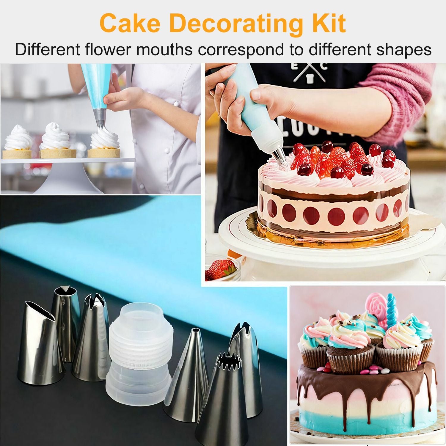 Cake decorating kit featuring various piping nozzles, a blue decorating mat, and beautifully decorated cakes and cupcakes, showcasing different icing styles and designs.