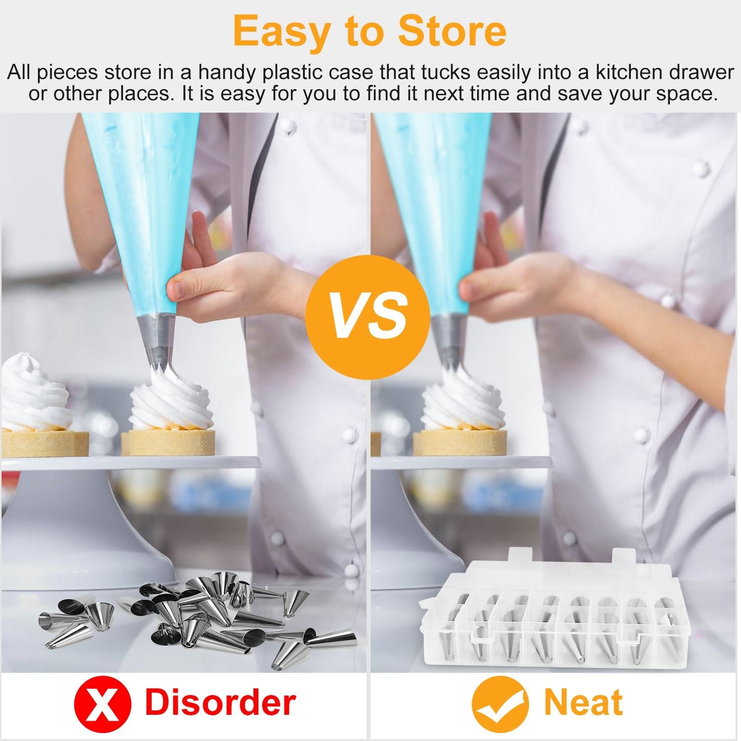 Piping bags and nozzles in use, showcasing a comparison between disorganized baking tools and neatly stored ones in a plastic case, emphasizing easy storage and organization for baking enthusiasts.