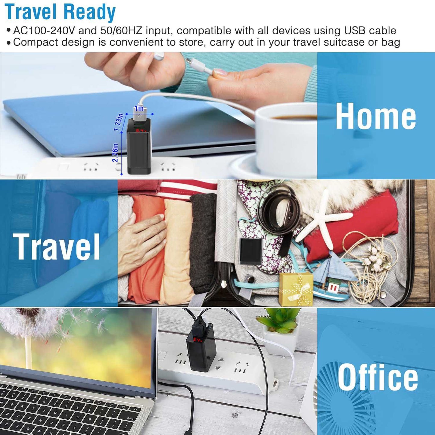 Compact USB travel charger with AC input compatibility, ideal for home, travel, and office use, shown alongside a laptop and packed suitcase.