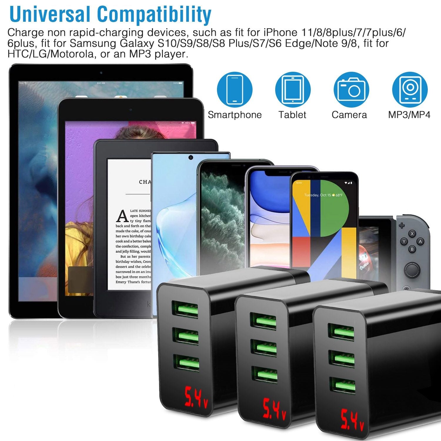 Universal USB charging station featuring multiple ports, designed to charge smartphones, tablets, cameras, and MP3 players, with a sleek black design and LED voltage display.