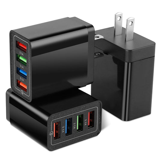 Black USB wall charger with four high-speed ports, featuring 3.1A output, ideal for charging multiple devices simultaneously.