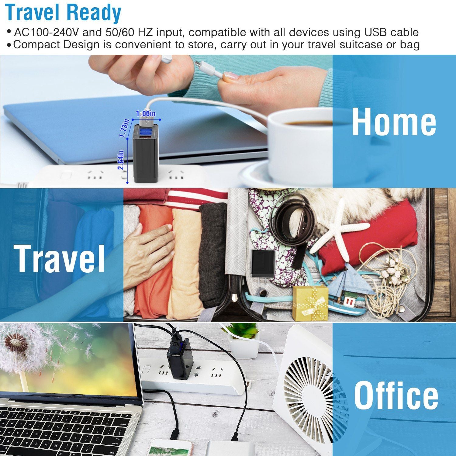 Compact travel charger compatible with all USB devices, featuring a space-saving design perfect for home, travel, and office use.