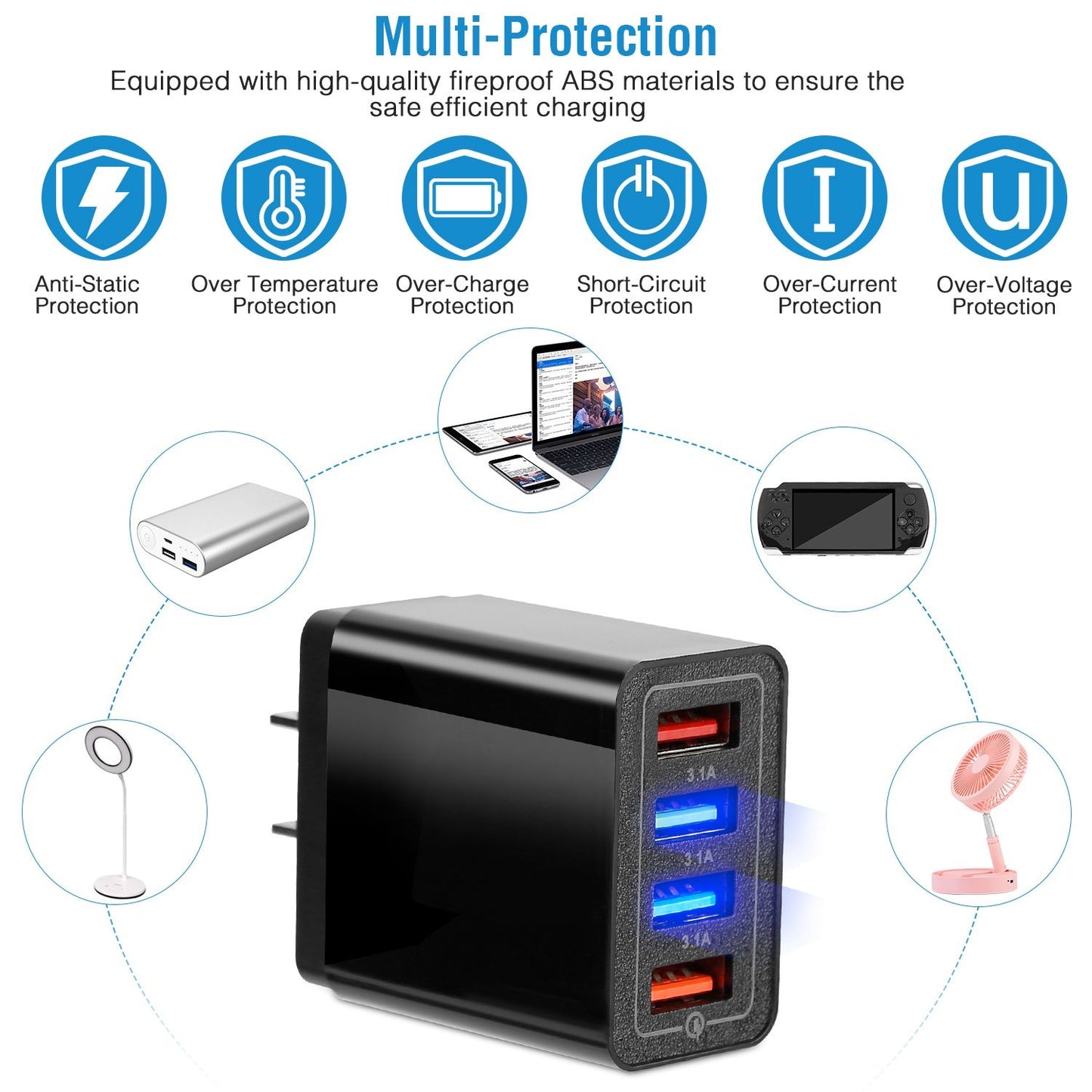 High-quality black USB wall charger with three ports, featuring safety icons for anti-static, over-temperature, over-charge, short-circuit, over-current, and over-voltage protection, suitable for charging smartphones, laptops, and other devices.