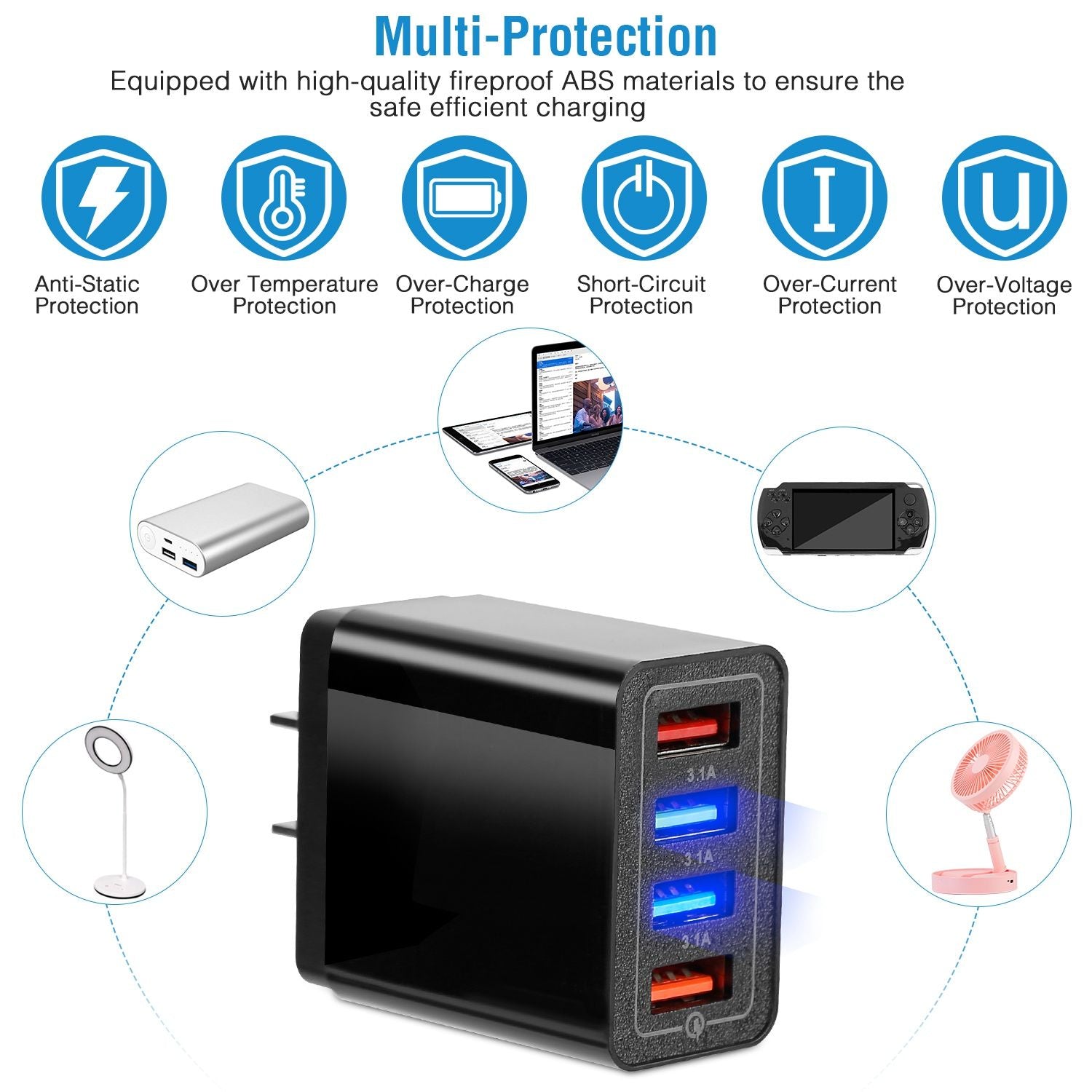 High-quality black USB wall charger with three ports, featuring safety icons for anti-static, over-temperature, over-charge, short-circuit, over-current, and over-voltage protection, suitable for charging smartphones, laptops, and other devices.