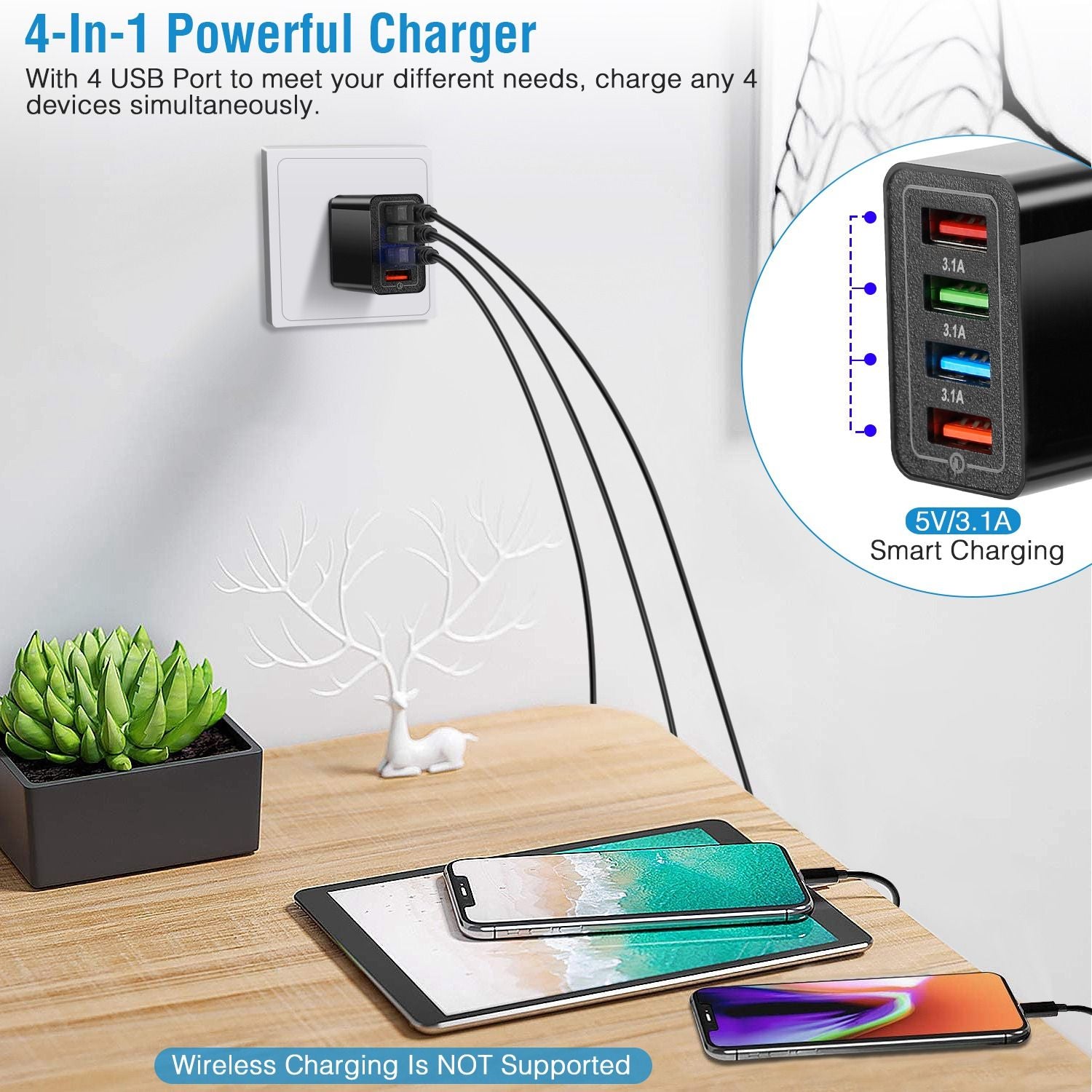 4-in-1 powerful USB charger with four ports, connected to the wall outlet, charging multiple devices including smartphones and tablets, set on a wooden table with decorative succulent and a white deer figurine.