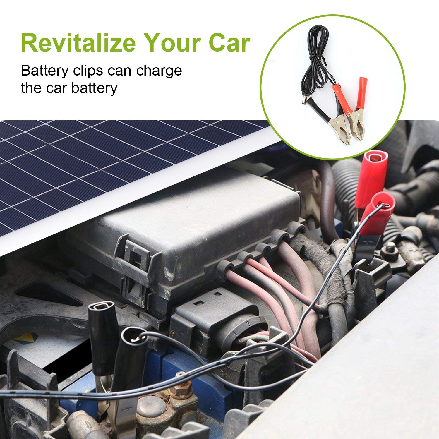 Solar car battery charger with battery clips connected to an engine, revitalizing and charging the car battery for optimal performance.