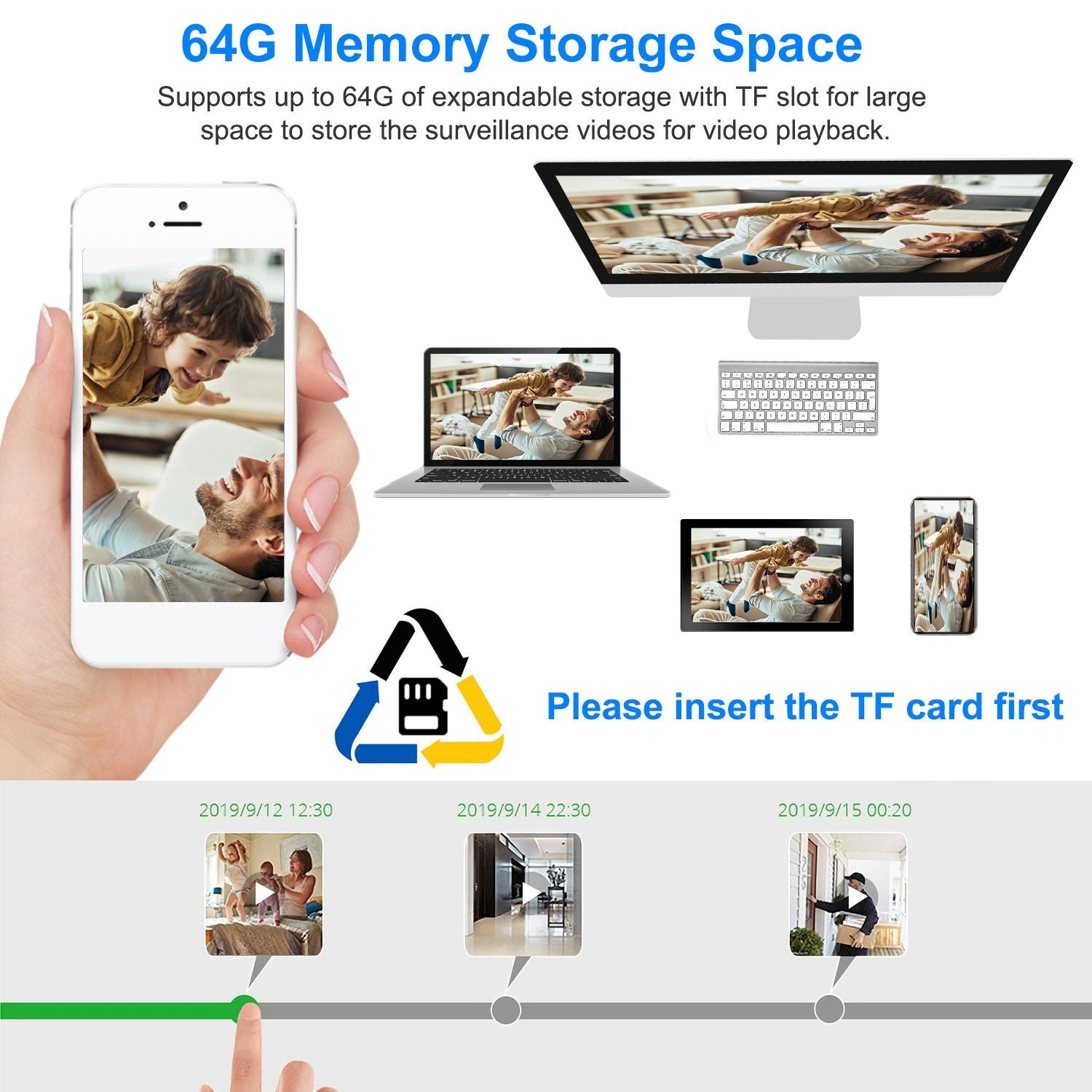 Product image featuring electronic devices displaying surveillance video playback capabilities, highlighting 64G expandable storage and TF card slot for enhanced data storage and flexibility.