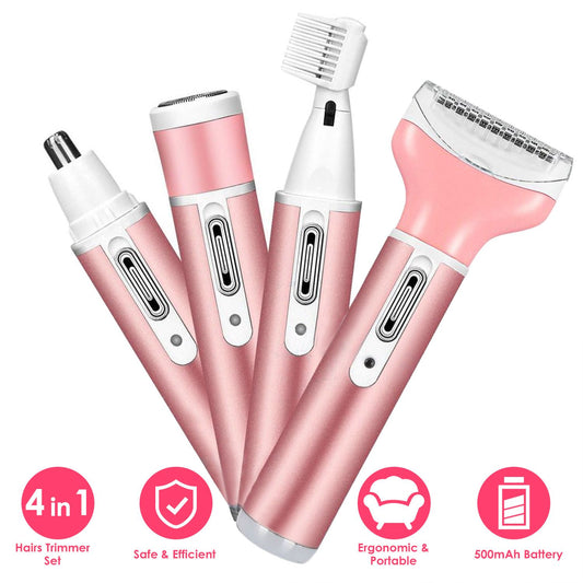 4-in-1 hair trimmer set in a stylish pink design, featuring nose hair trimmer, facial hair remover, body razor, and grooming comb, with ergonomic grip and 500mAh battery for safe and efficient hair removal.