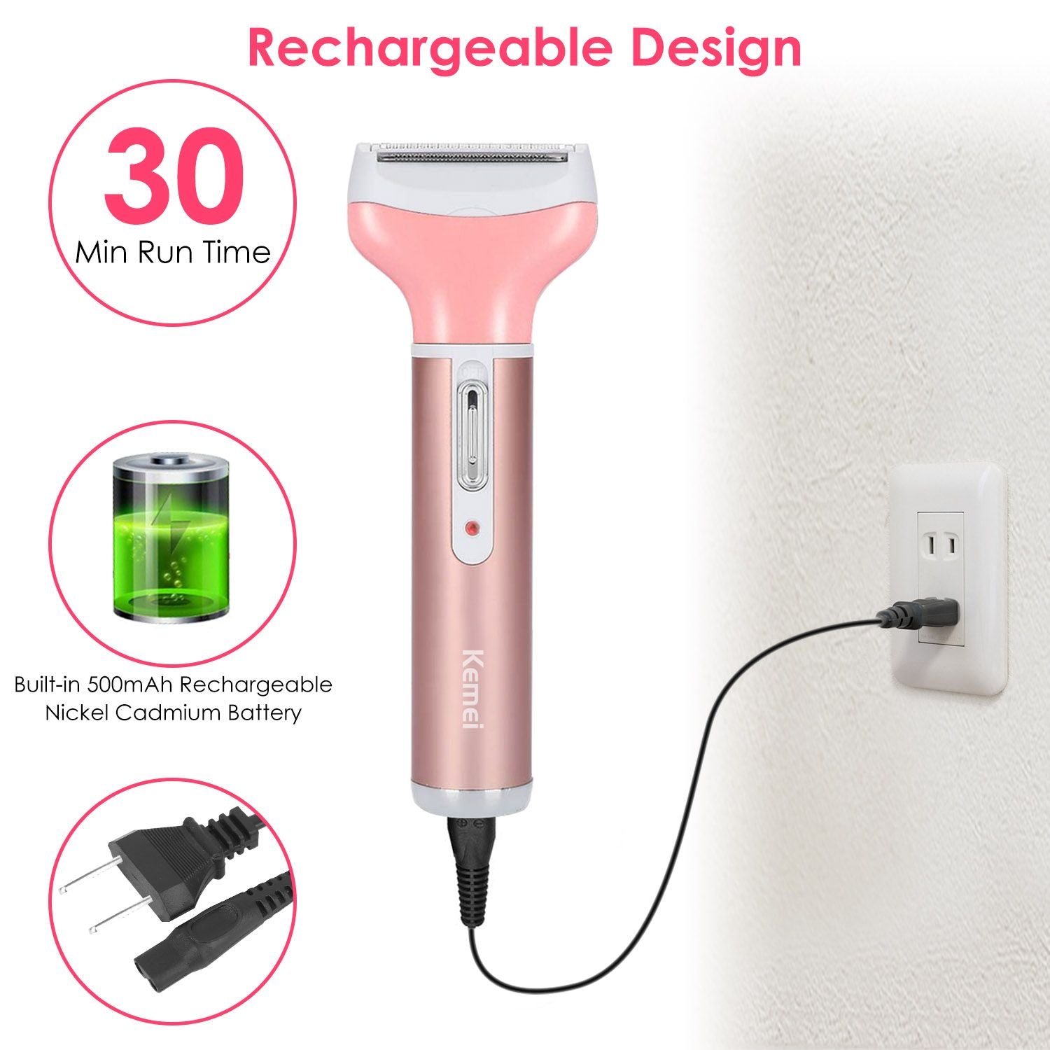 Rechargeable Kemei electric shaver with a sleek pink and silver design, featuring a 500mAh battery, 30 minutes run time, and charging cable connected to a wall outlet.