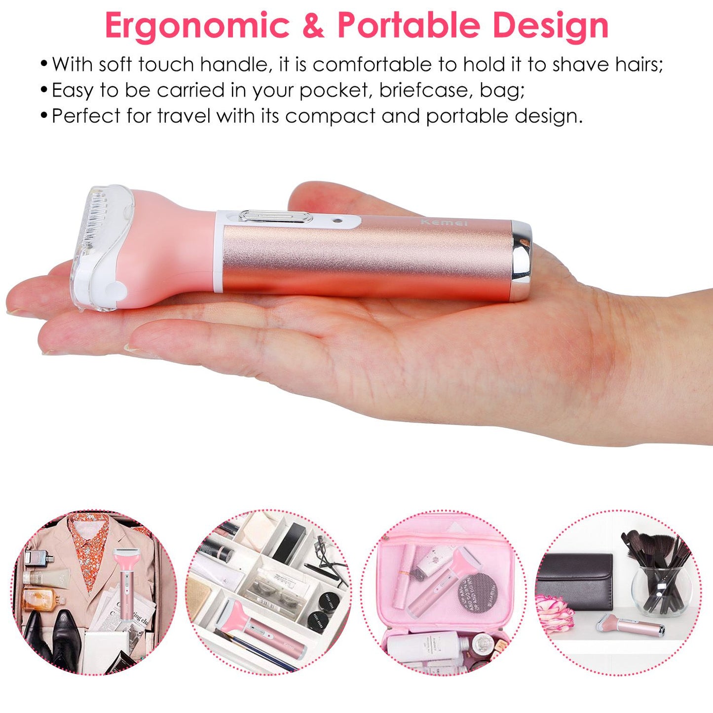 Portable ergonomic hair removal device in hand, featuring a soft touch handle and compact design, ideal for travel and everyday grooming.