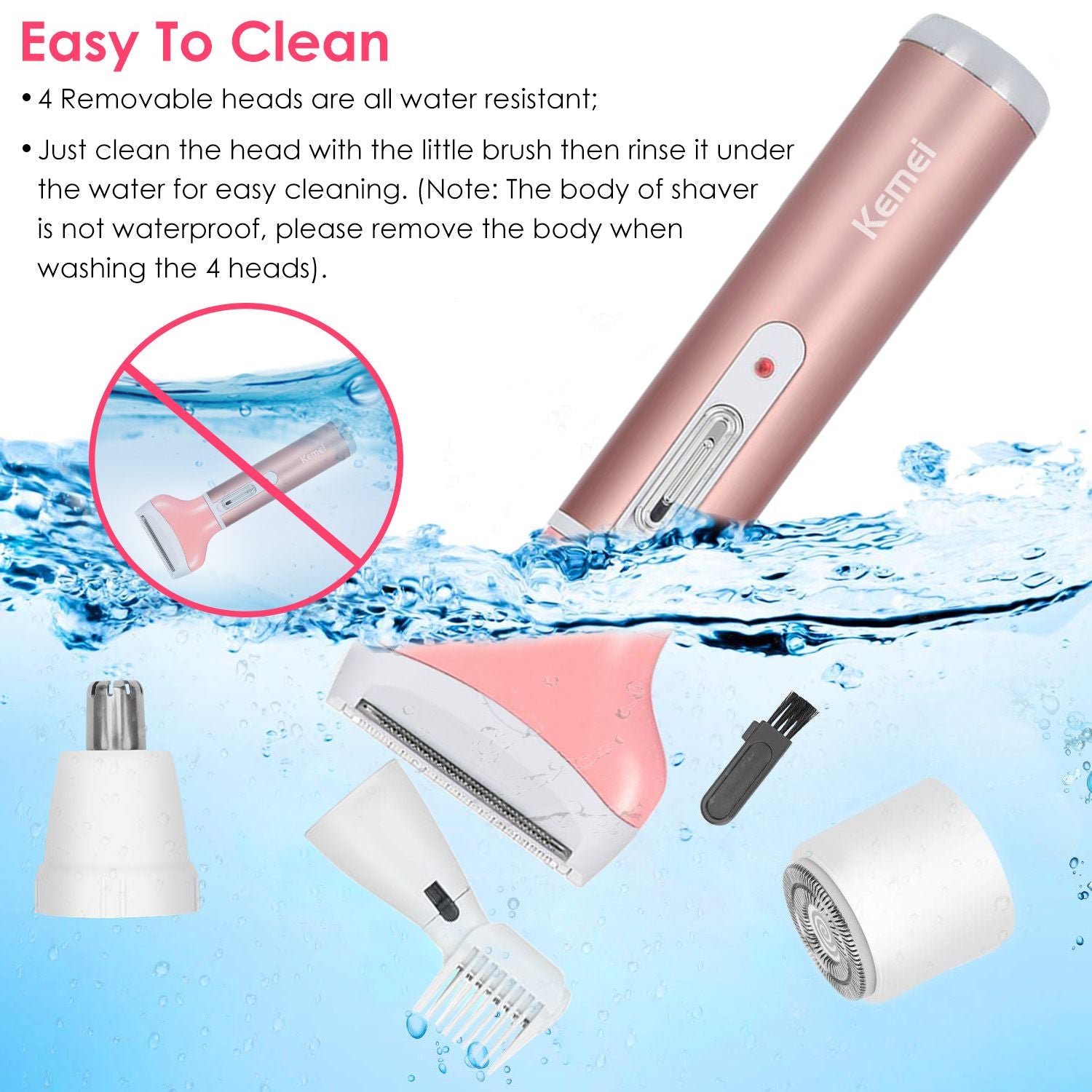 Water-resistant electric shaver set with four removable heads for easy cleaning, shown submerged in water with cleaning instructions.
