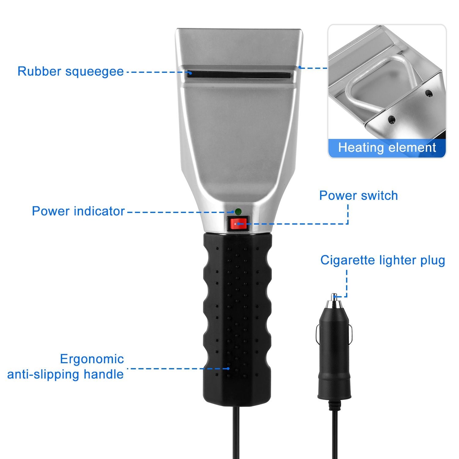 Electric heated windshield scraper with rubber squeegee, ergonomic anti-slip handle, power indicator, and cigarette lighter plug for car use.