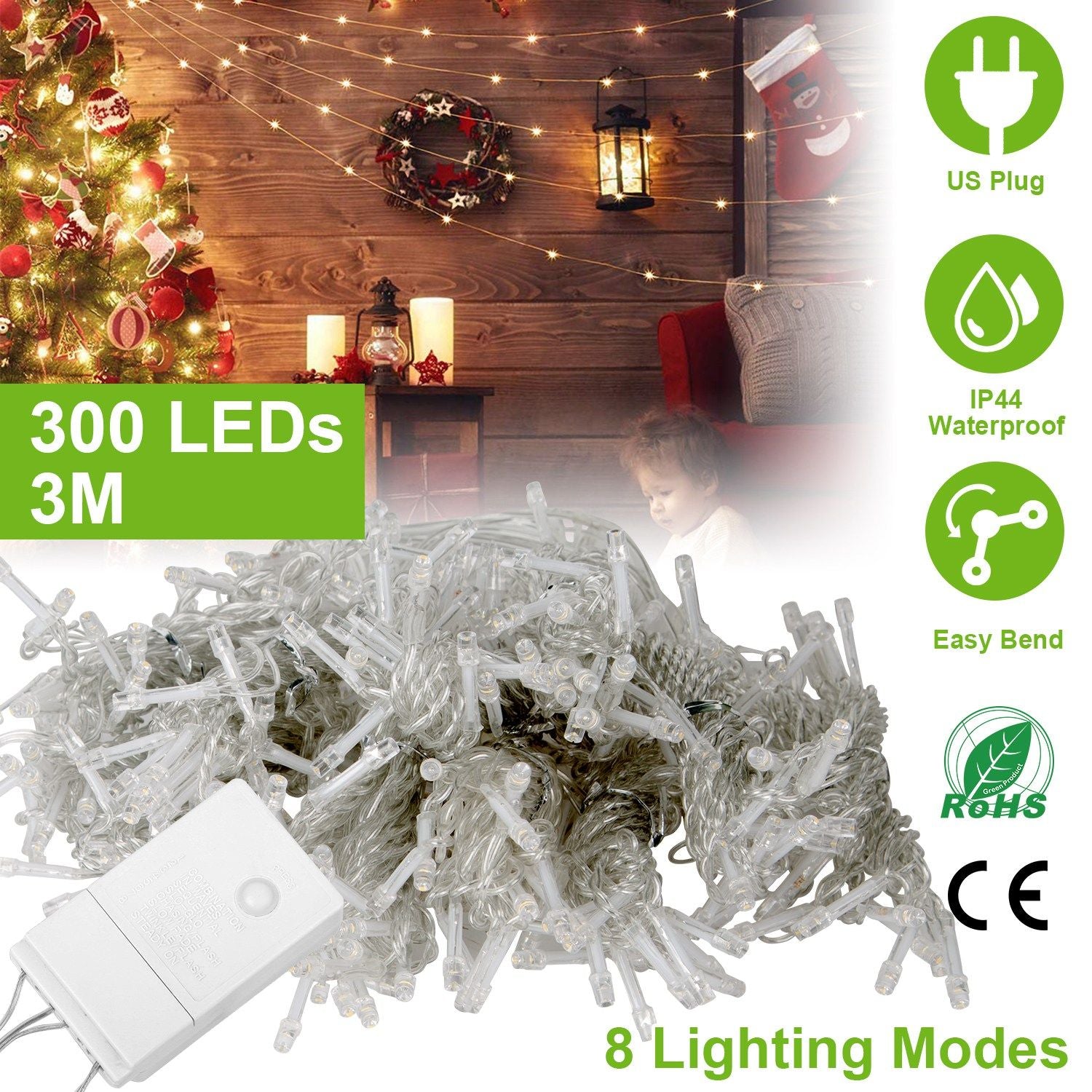 300 LED Christmas string lights with US plug, 3 meters long, waterproof IP44 rating, featuring 8 lighting modes and easy to bend design for versatile decorating options.