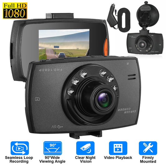 Full HD 1080p car dashboard camera with a wide 90-degree viewing angle, featuring clear night vision, seamless loop recording, and video playback options, shown mounted in a vehicle.