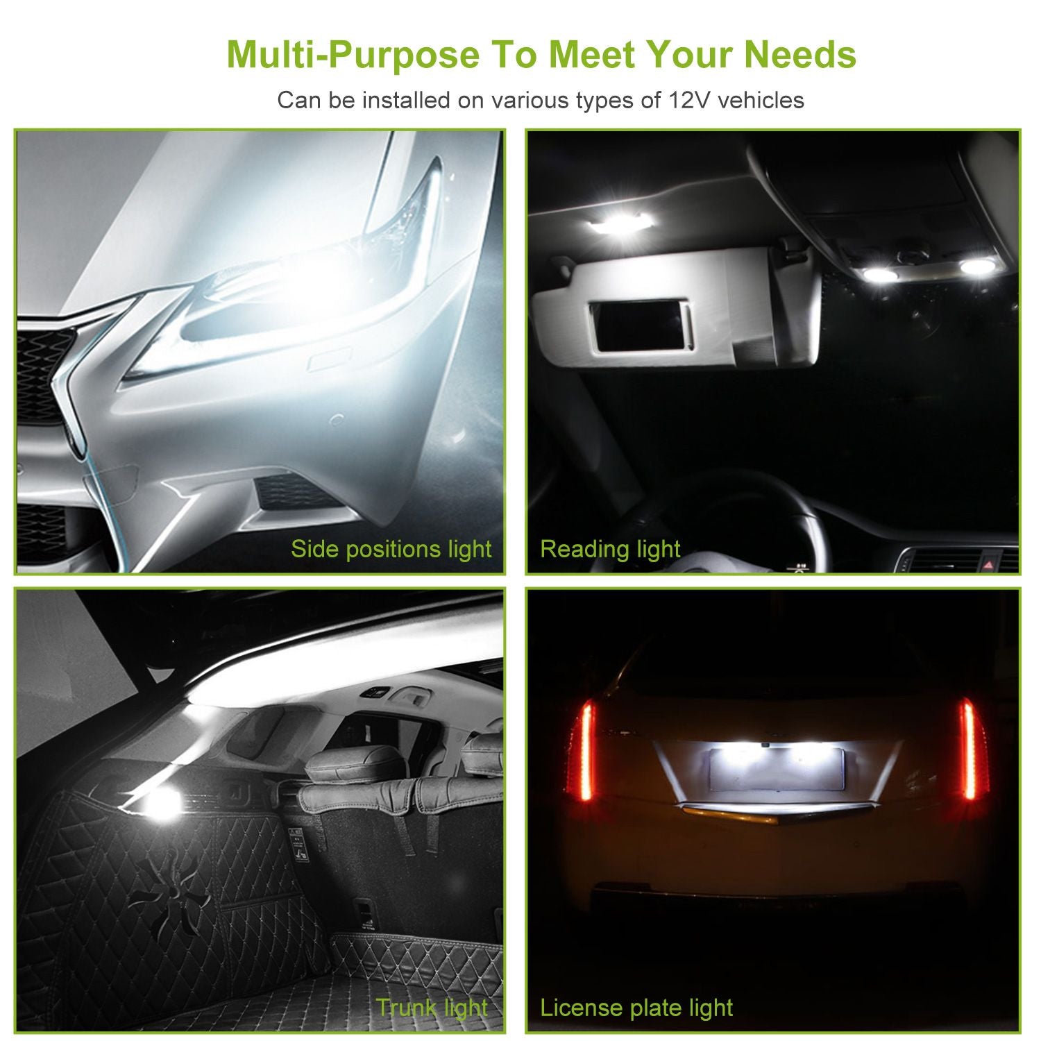 Versatile LED automotive lighting showcased in four sections: side positions light, reading light, trunk light, and license plate light, designed for 12V vehicles.