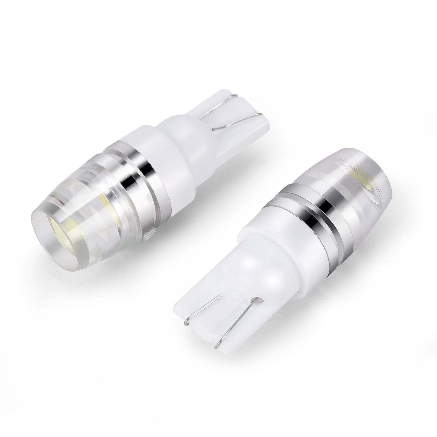 LED automotive bulbs with a sleek design, featuring a clear lens and silver accents, ideal for brightening car interiors or exteriors.