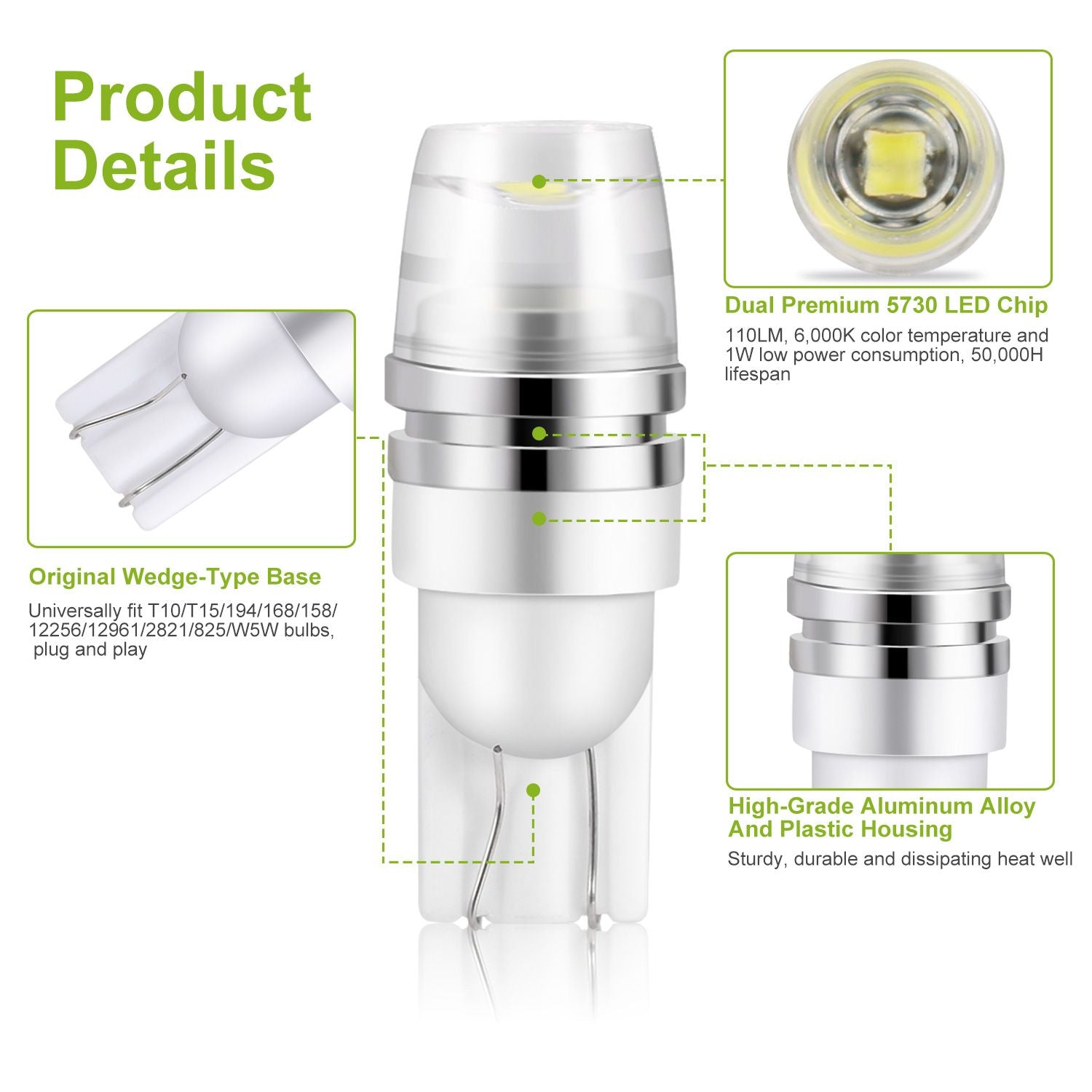 LED bulb with dual premium 5730 chip, 110 lumens, 6000K color temperature, compatible with T10/T15 wedge bases, featuring high-grade aluminum alloy and plastic housing for durability and heat dissipation.