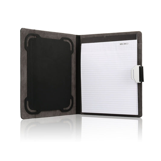 Stylish gray folio notebook with a lined memo pad and elastic pen holder, showcasing a sleek design and practical features for professionals.