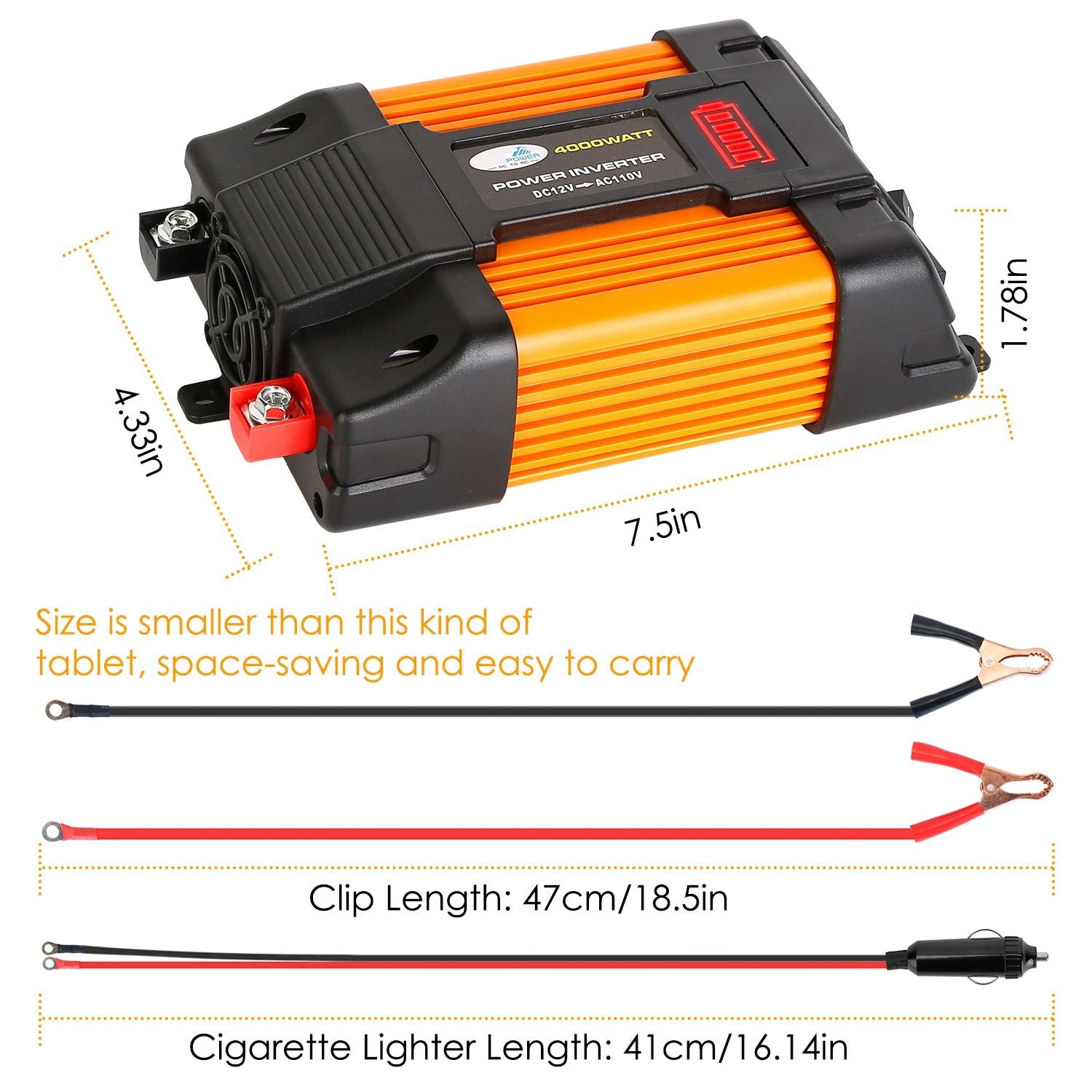 4000W power inverter with compact design, measuring 7.5 inches by 4.33 inches, featuring dual connection options (clips and cigarette lighter) for versatile use, ideal for on-the-go charging needs.