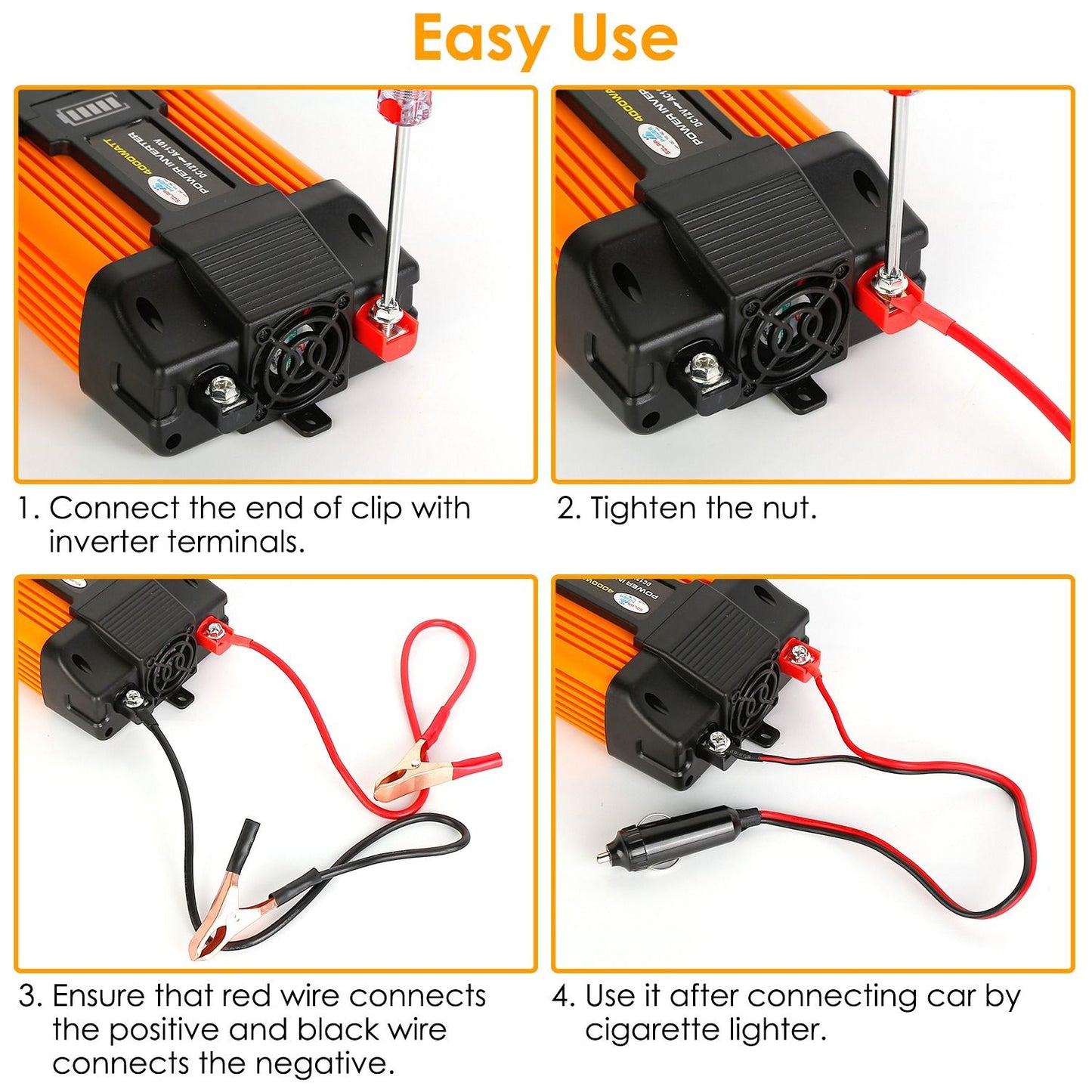 Step-by-step instructions for using a power inverter, including connecting clips, tightening nuts, and ensuring correct wire connections for safe operation.
